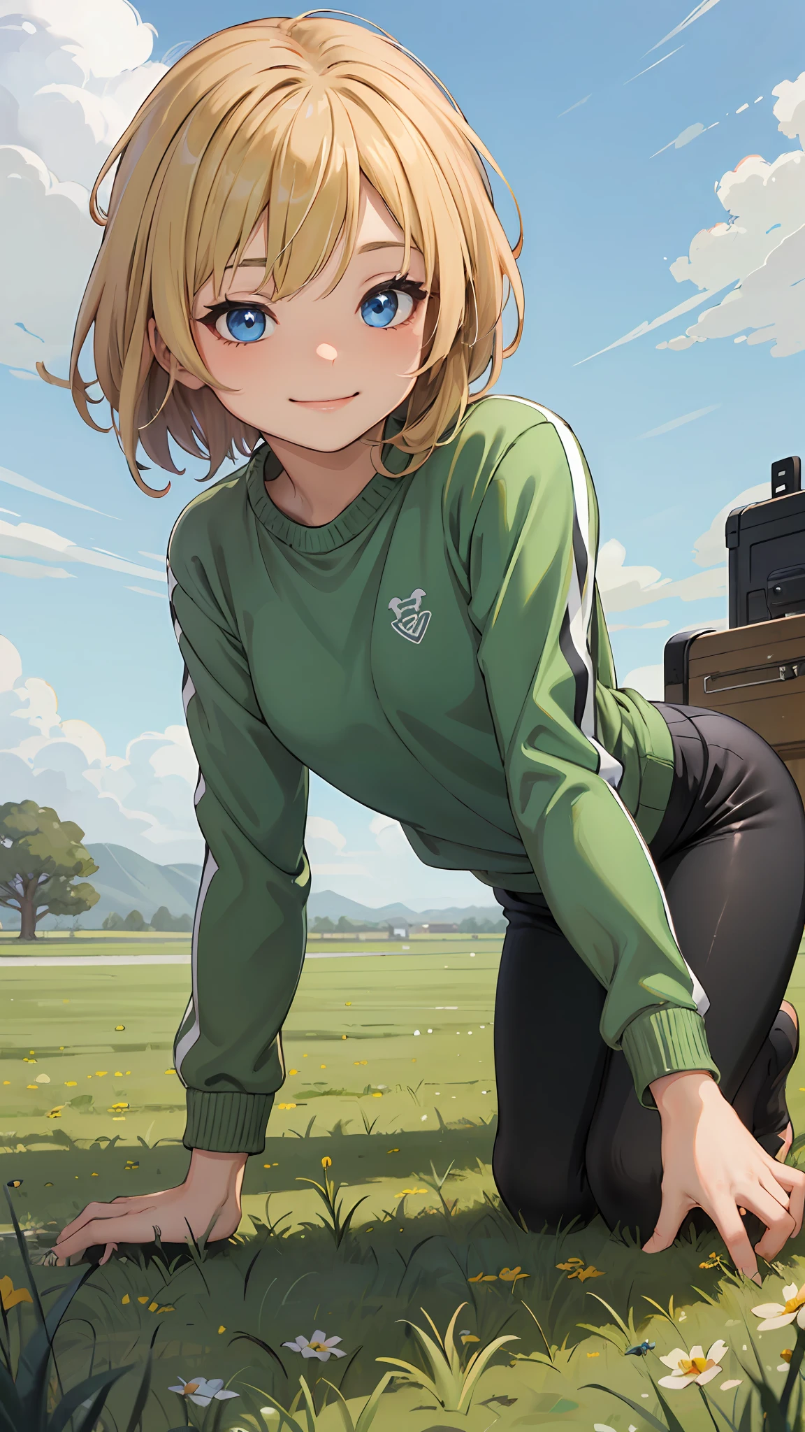 best quality, masterpiece, small breasts, smile, sweatshirt, leggings, outdoors, alone, anime style, grass field, daytime, blue sky, blue eyes, detailed eyes, medium hair, blonde hair, loose hair, bangs, lying down,