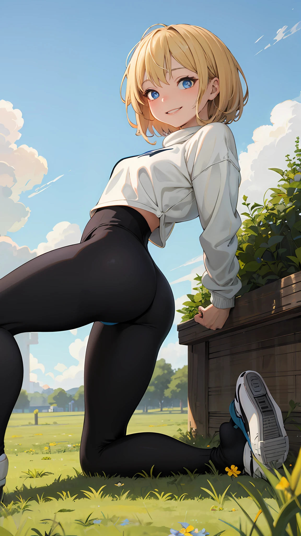 best quality, masterpiece, small breasts, smile, sweatshirt, leggings, outdoors, alone, anime style, grass field, daytime, blue sky, blue eyes, detailed eyes, medium hair, blonde hair, loose hair, bangs, lying down, ass,