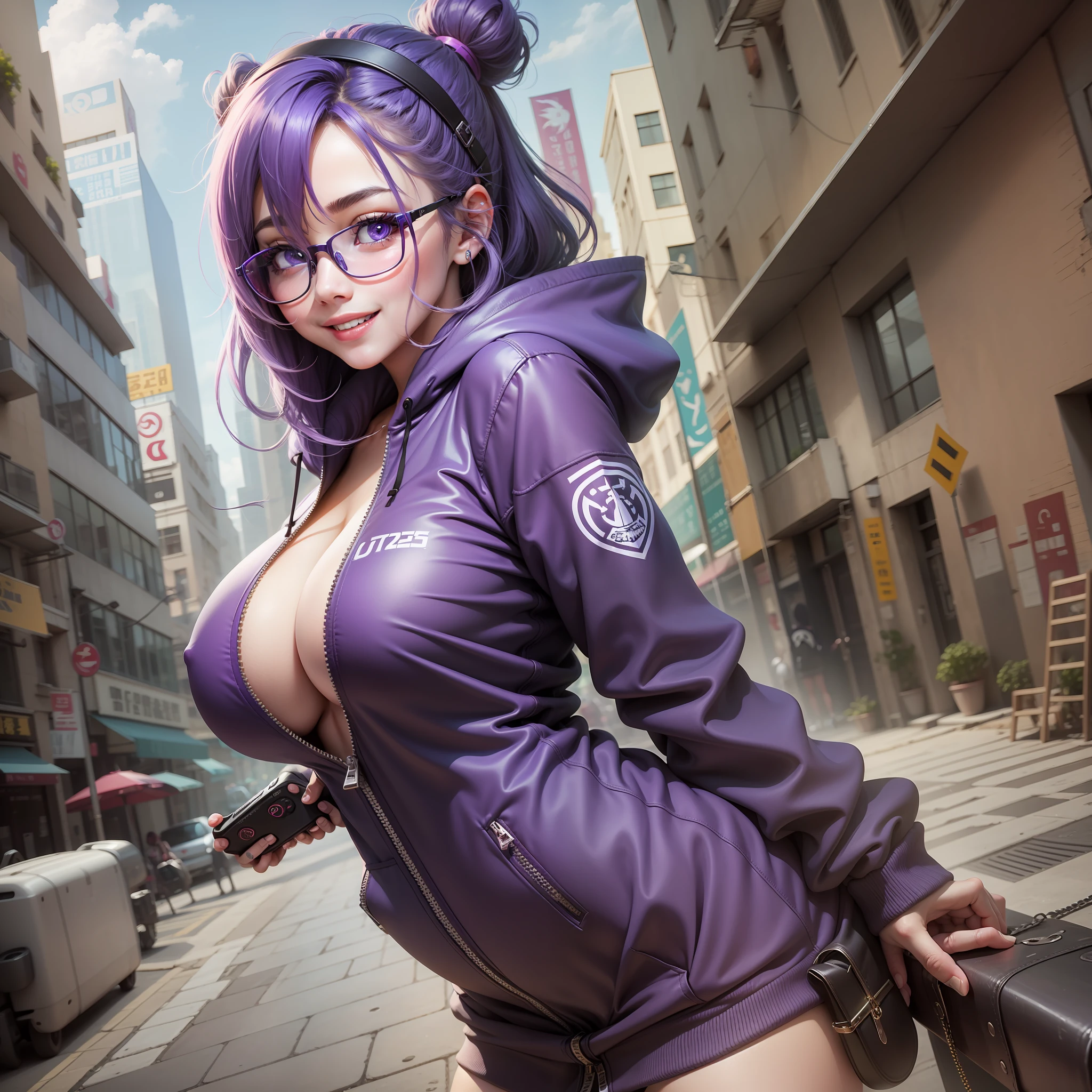 Gamer Girls babes eye glasses Purple hair Zipper hoodie a smile big tit Twin Te Big Beautie 最好质量 巨作 ultra-high-resolution