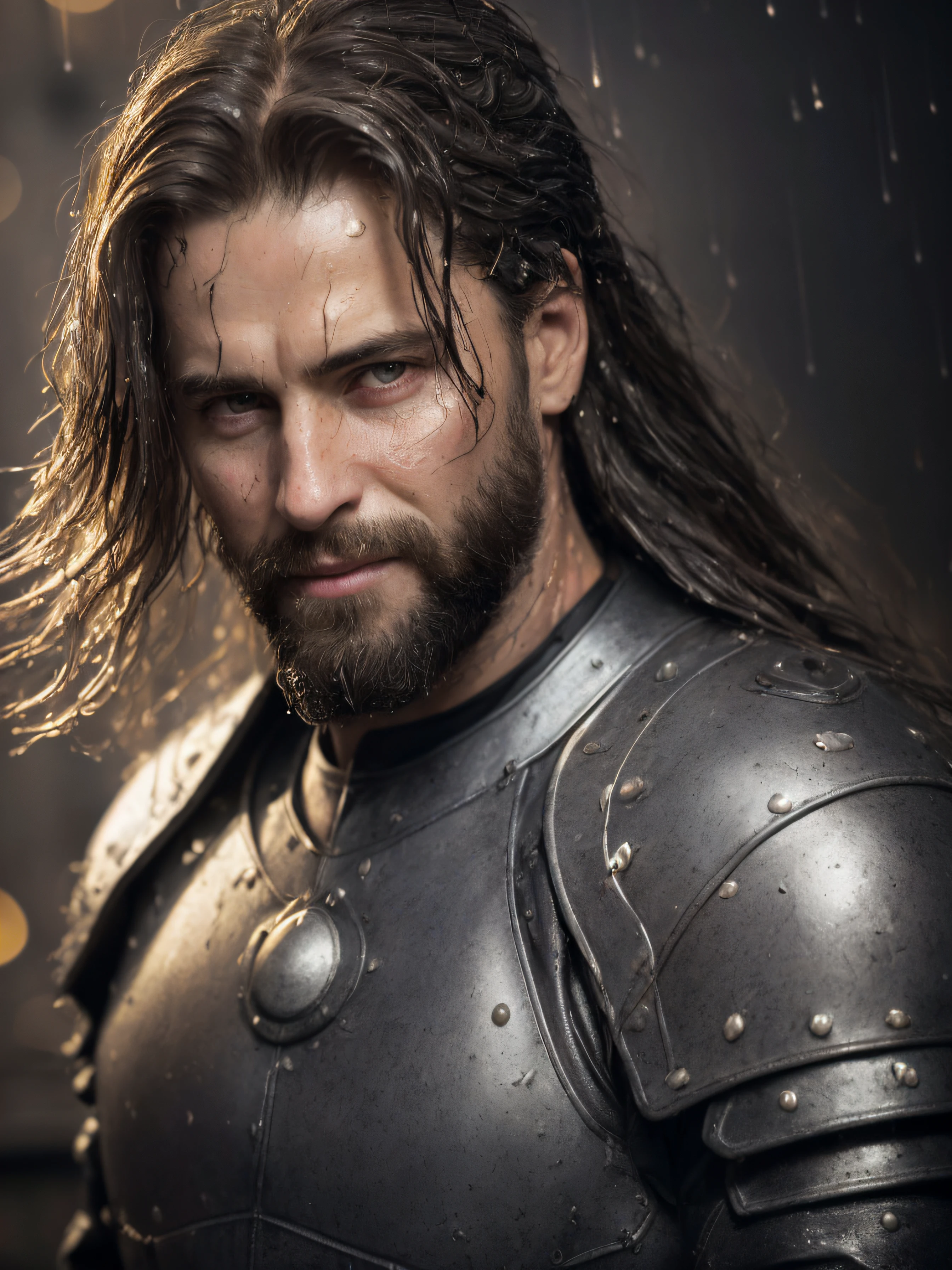 brutal portrait , masterpiece, best quality, 8k, artstation, sharp focus, ultrarealistic, high details, raw photo of a proud 50 years old warrior, epic shot, strong wind, heavy rain, (dynamic pose:1.4), (warrior 12th century:1.5),( evil smile:1.1), long beard and long hair, dressed in old torn dirty leather armor, dark atmosphere, it is night time, detailed wall background, volumetric lighting, (photorealistic:1.5), (wet hair:1.5),( drops of water on the face and body, drops of water on the clothes:1.3), gloomy sky,