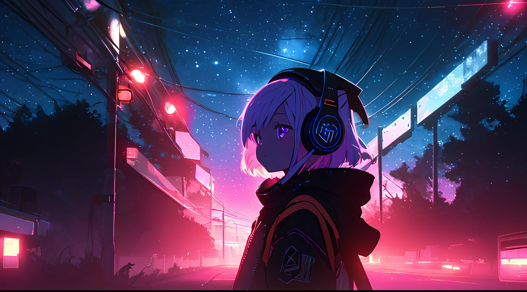 a cute little purple alien, watching the night sky while listening to lofi music, galaxies, headphones, anime style, neon details, lofi aesthetics, cinematic lighting, 8k, 3d