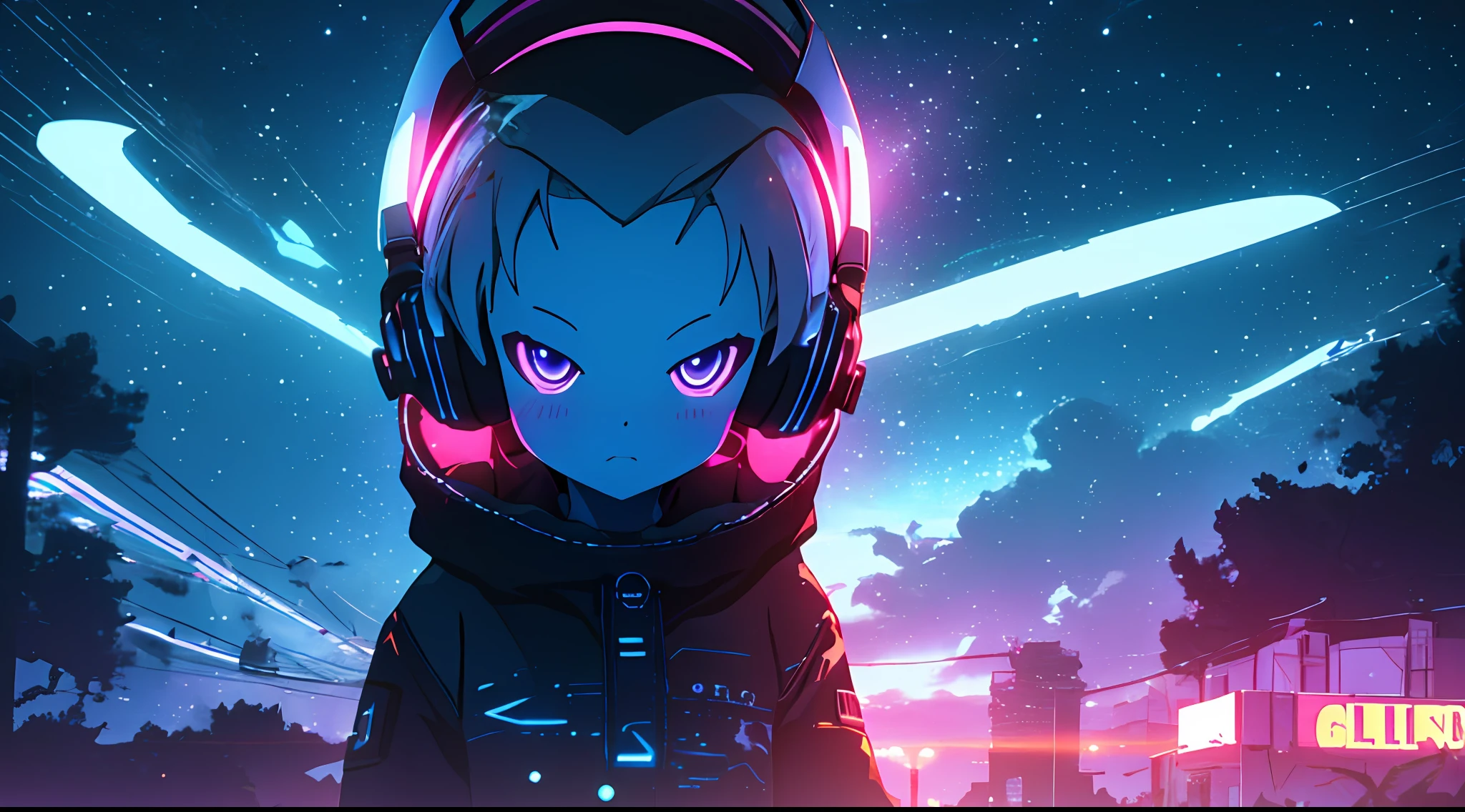 a cute little purple alien, watching the night sky while listening to lofi music, galaxies, headphones, anime style, neon details, lofi aesthetics, cinematic lighting, 8k, 3d