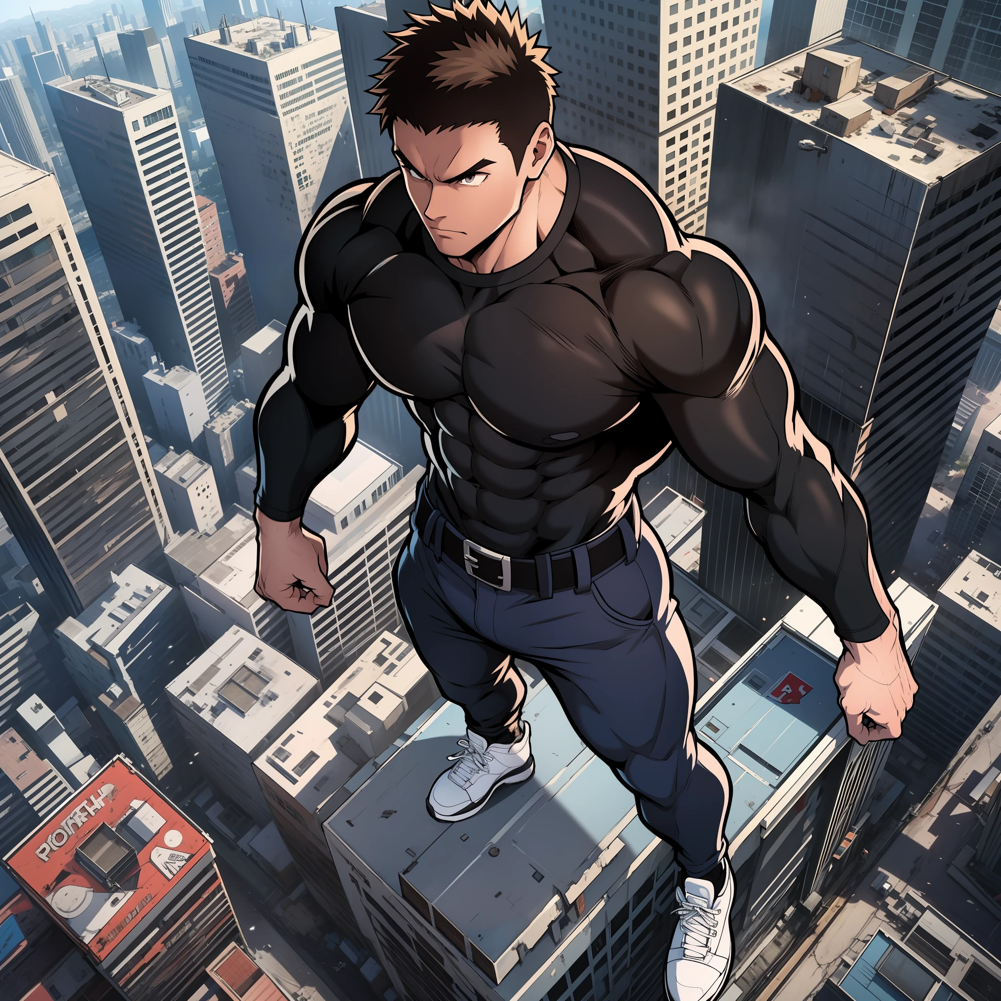 Generate anime-style art with a high-angle shot of a muscular male character with his body facing the camera, THE CHARACTER IS STANDING ON TOP OF A TALL BUILDING, The protagonist must have an extremely muscular body, very tall, similar to that of a bodybuilder. The character must have very short hair with dark brown bangs and must be wearing a red long sleeve T-shirt with black pants and a belt and must be wearing a white sneaker. The image should depict the character's entire body, focusing on his intimidating posture. The protagonist must exude strength and dominance, displaying a powerful presence. The scene should feature only the muscular character, THE CHARACTER SHOULD BE ON TOP OF A BUILDING SHOWING A LARGE CITY BELOW HIM