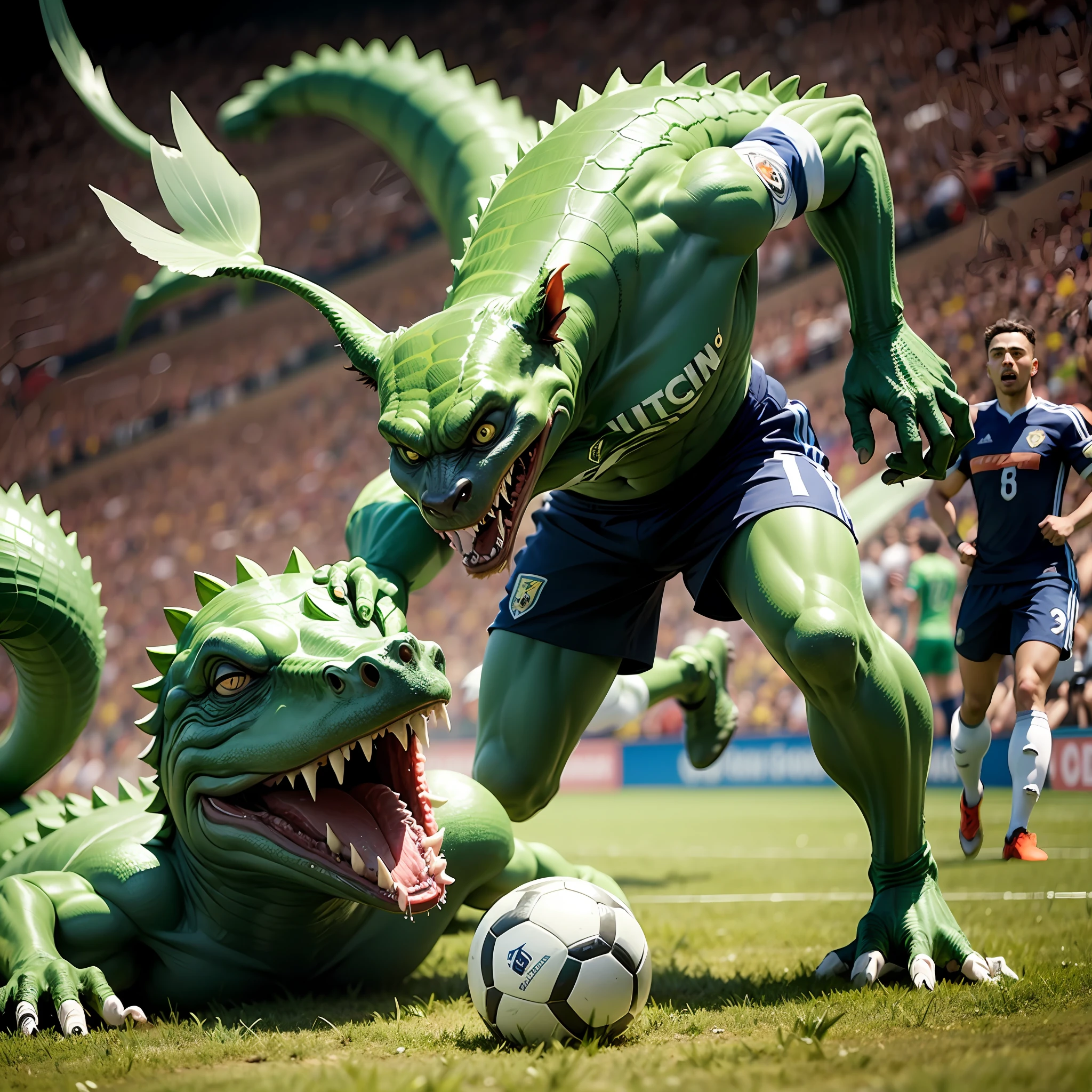 Green goblin bird destroying alligator soccer player in a crowded soccer stadium