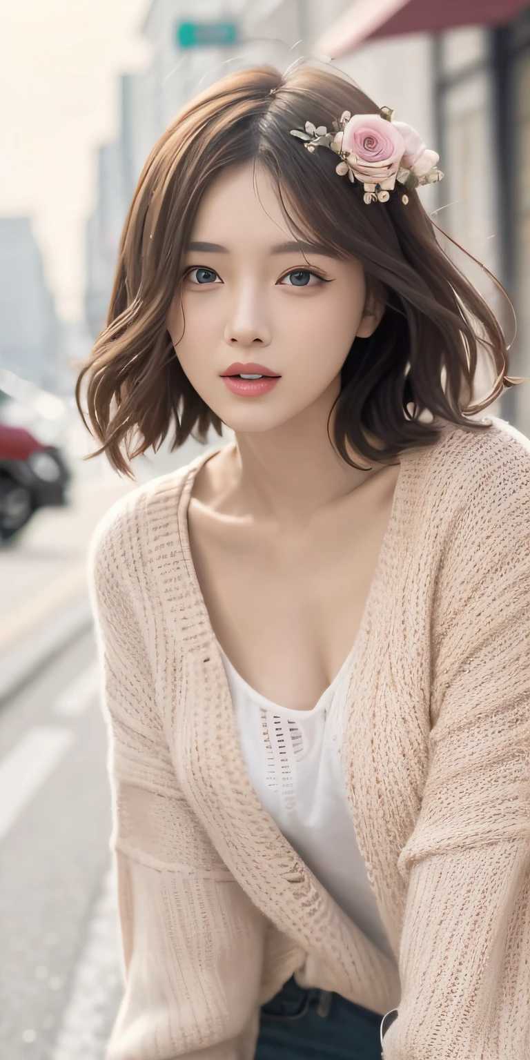 One girl walking on the river、Mix 4、pullover、PILLOWS、s lips、Opening Mouth、realisitic、The photograph_\(Curly\)、独奏、(巨作)、(photoreallistic:1.3)、ultra hyper-detailed、(high detailled)The skin:1.2)、(最好质量:1.0)、(ultra-high-resolution:1.0)、(Orchan-6500:0.3)、Wavy detailed hair、length hair、Sunshine、(Beautiful detailed makeup)、(sexual excitement、blush on、Rough breathing:1.0) )、Studded flower themed petals、(soft glow bloom:0.5)、In the street