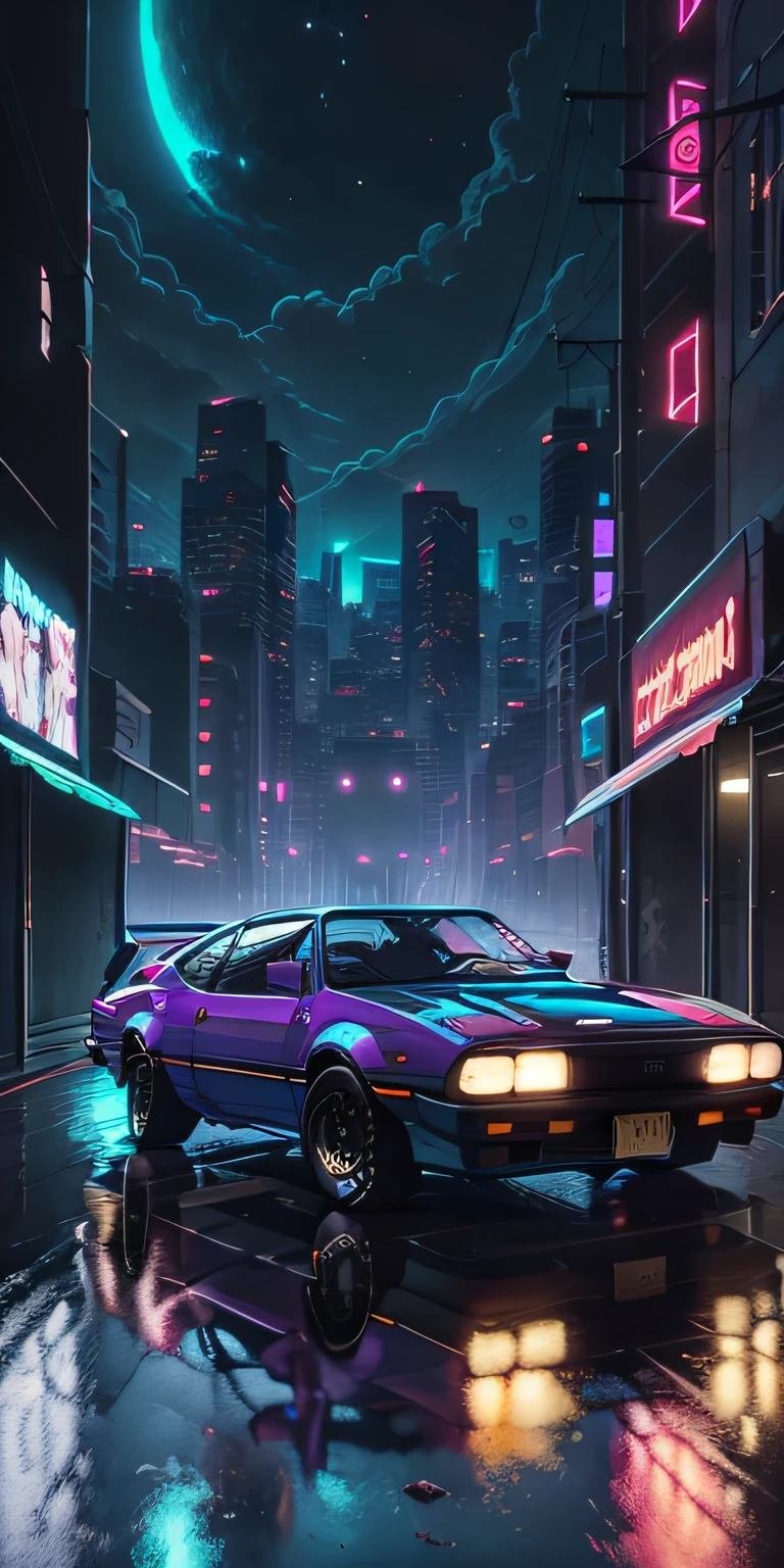 retroonda. cidade, 1985 Nissan S30, kit de corpo largo, estrada, purple neon lights, sol, montanha, 
(obra-prima, detalhada, highres),
