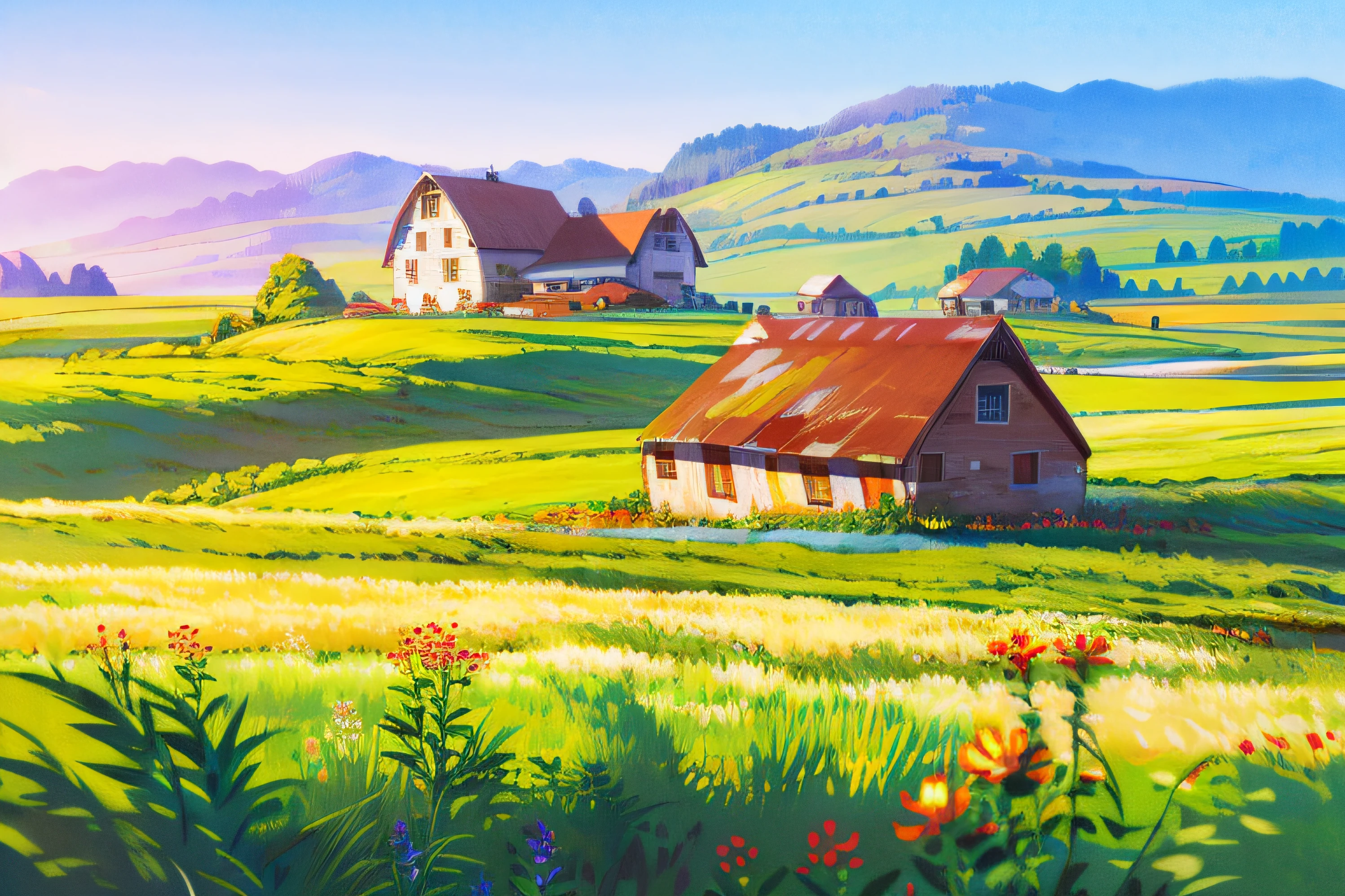 (8k, RAW photo, best quality, masterpiece:1.2), (realistic, photo-realistic:1.37) , (high resolution), (a tan cow grazes:1.3), (in the background a small traditional red barn, farm house and fields of grass and wildflowers), (plains), (idyllic)