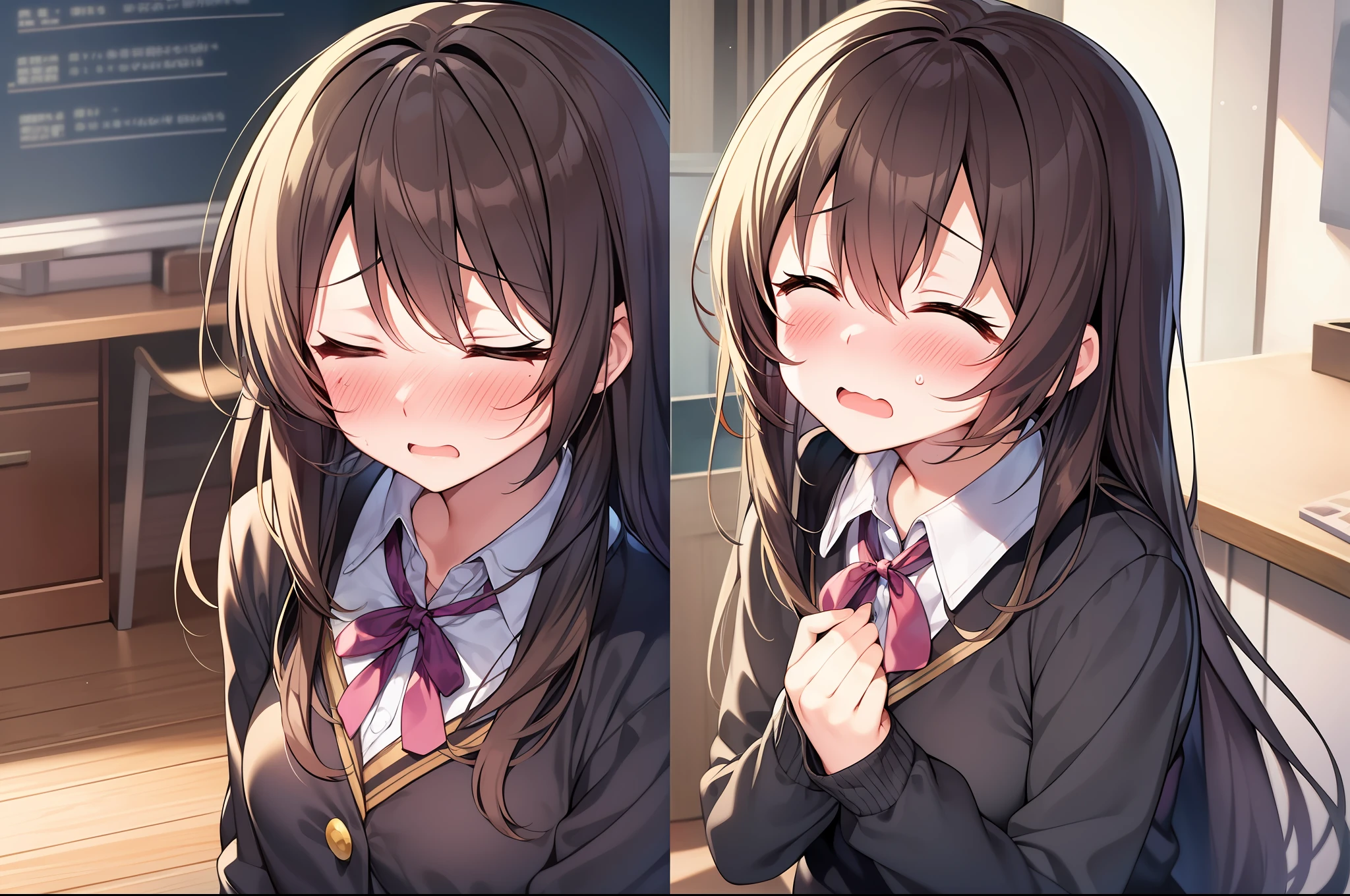 masterpiece,vibrant, anime screenshot, kyoani,1girl, flustered because she made a mistake, blushing a lot, blush lines, closed eyes, >< ,nervous, anxious
