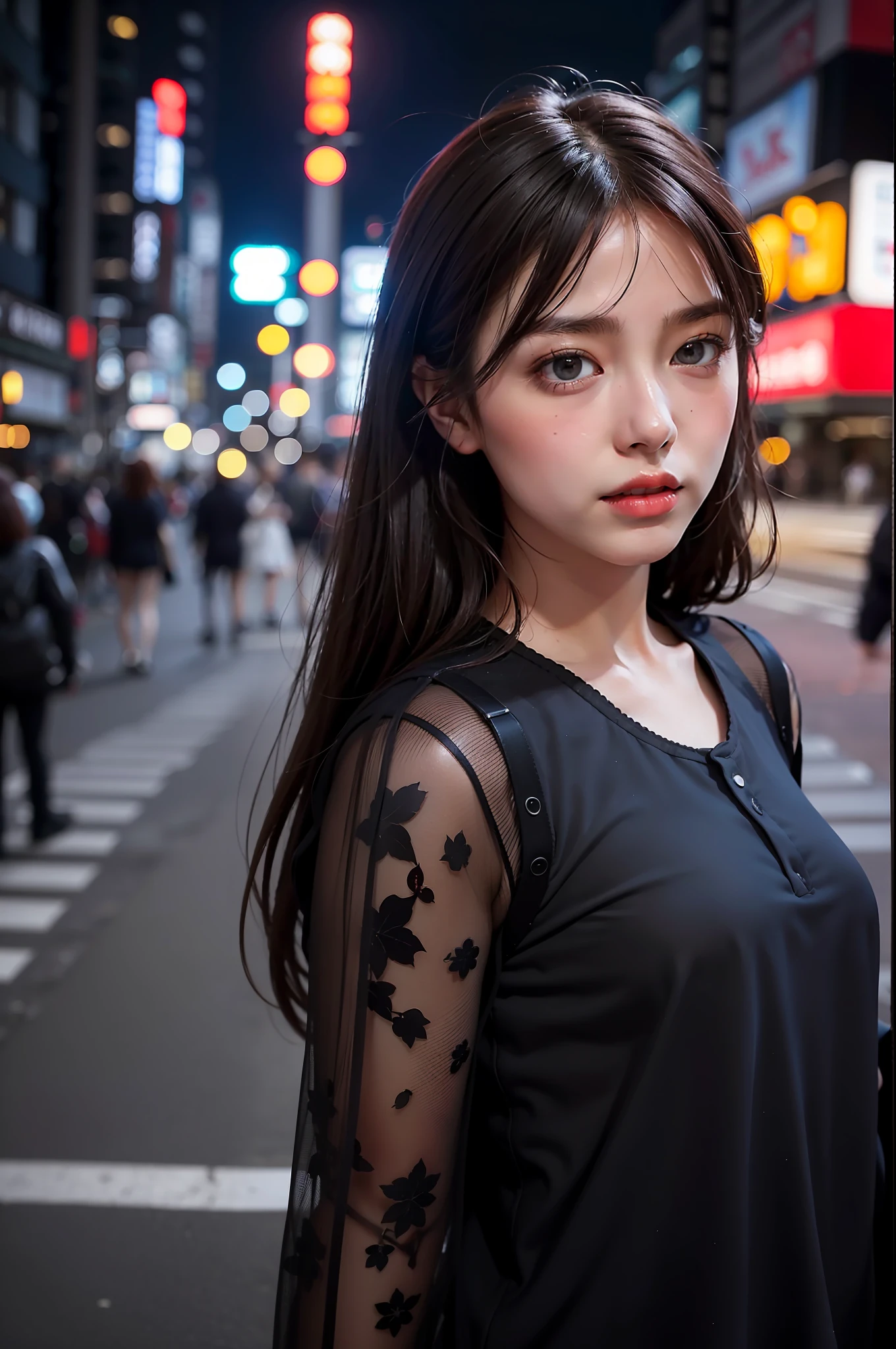 1girl, Tokyo street,night, cityscape,city lights, upper body,close-up, 8k, RAW photo, best quality, masterpiece,realistic, photo-realistic,