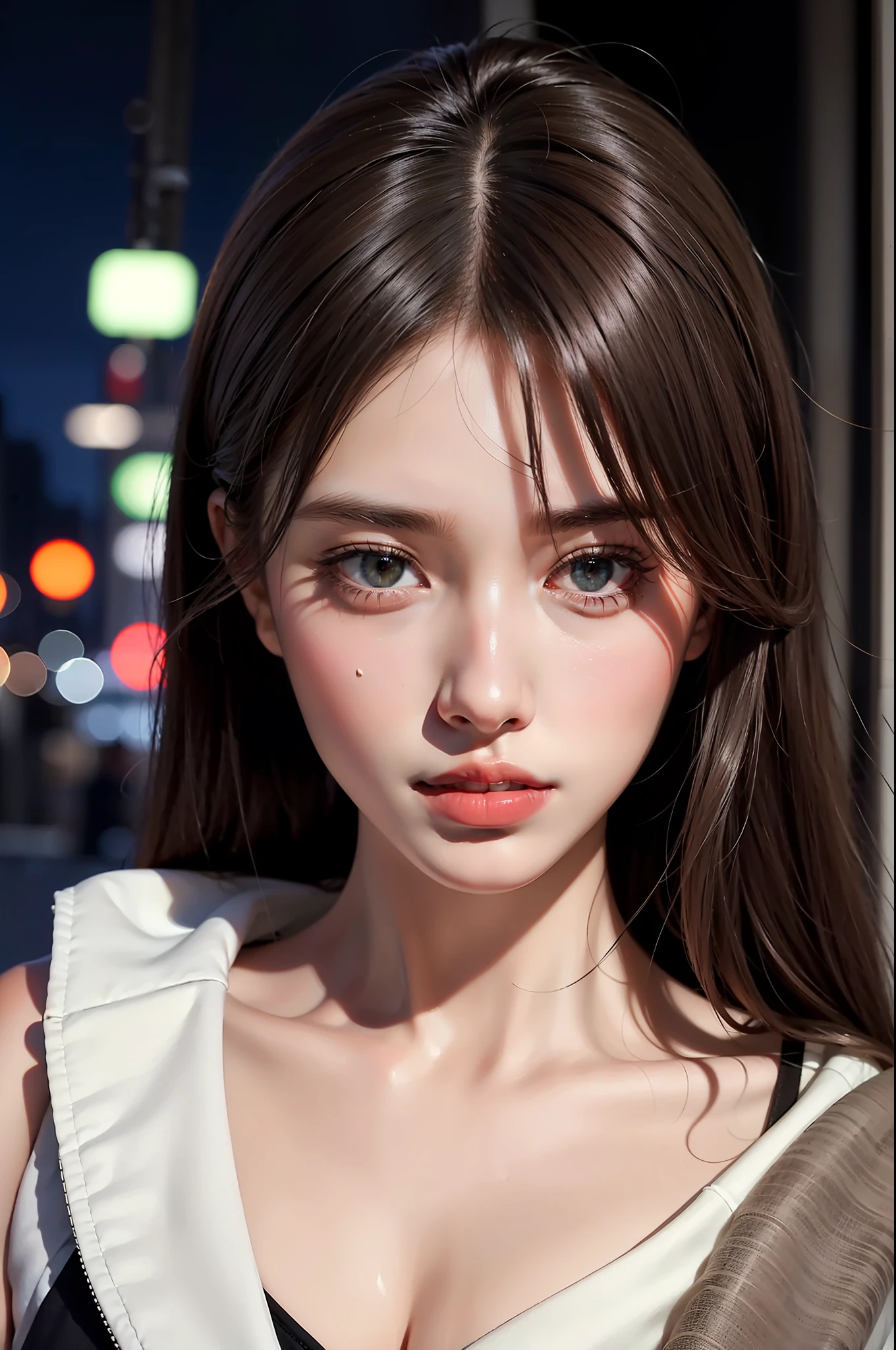 1girl, Tokyo street,night, cityscape,city lights, upper body,close-up, 8k, RAW photo, best quality, masterpiece,realistic, photo-realistic,