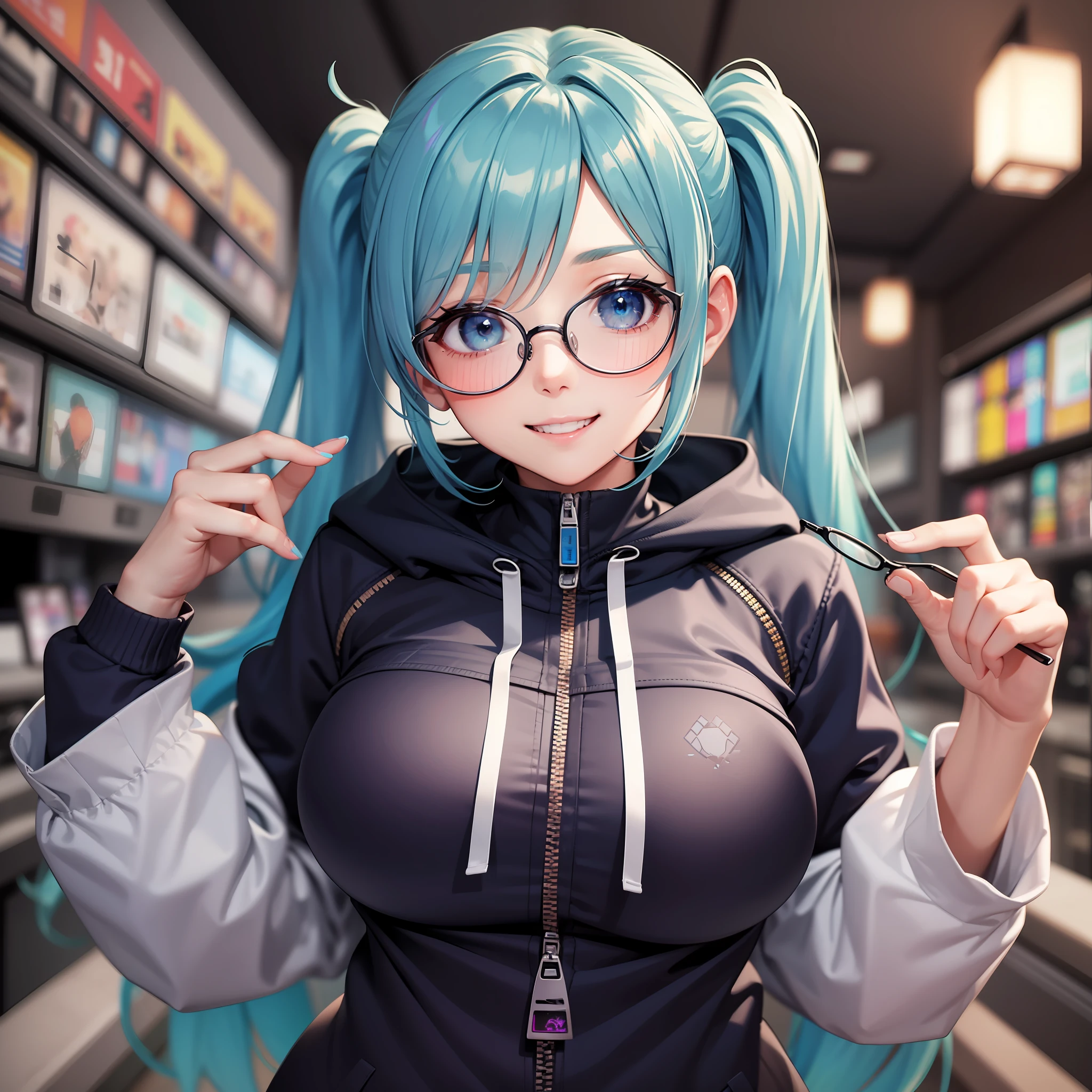 Gamer Girls babes eye glasses Blue-haired zipper hoodie a smile big tit twintails big tit Beautie 最好质量 巨作 ultra-high-resolution