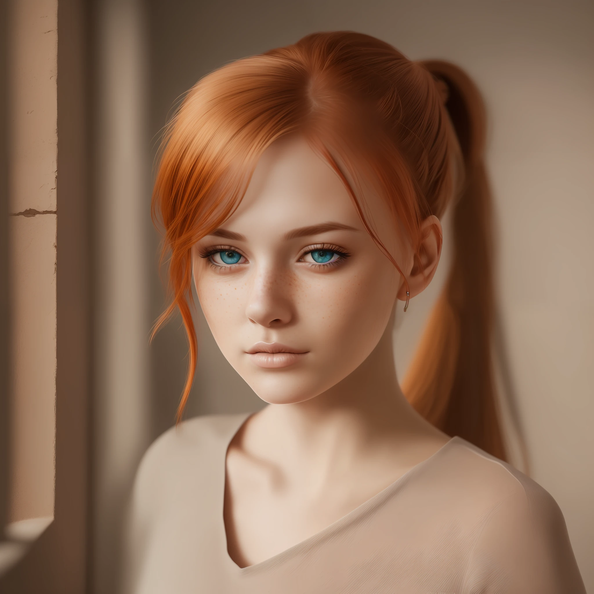 (8k, RAW photo, highest quality),(epic realistic:1.5), a girl, dynamic posture,erotic face,shirt,(detailed eyes:0.8),(looking at the camera:1.4), (highest quality), (best shadow),intricate details,cinematic,((skin:1.4)),interior, (long ponytail ginger hair:1.3),dark studio,(hdr:1.5),detailed, muted colors, freckles