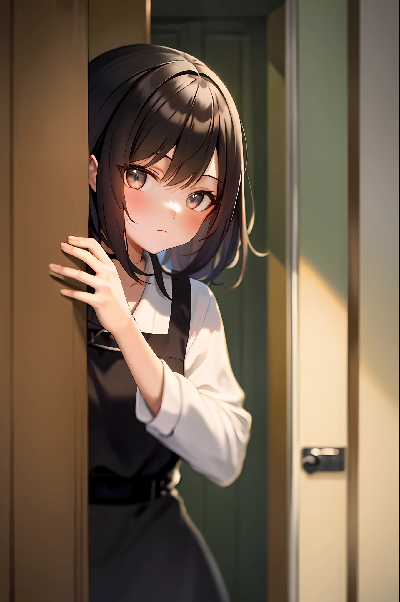 masterpiece, best quality, highres, 1girl, peeking out upper body opening door, open door, doorway