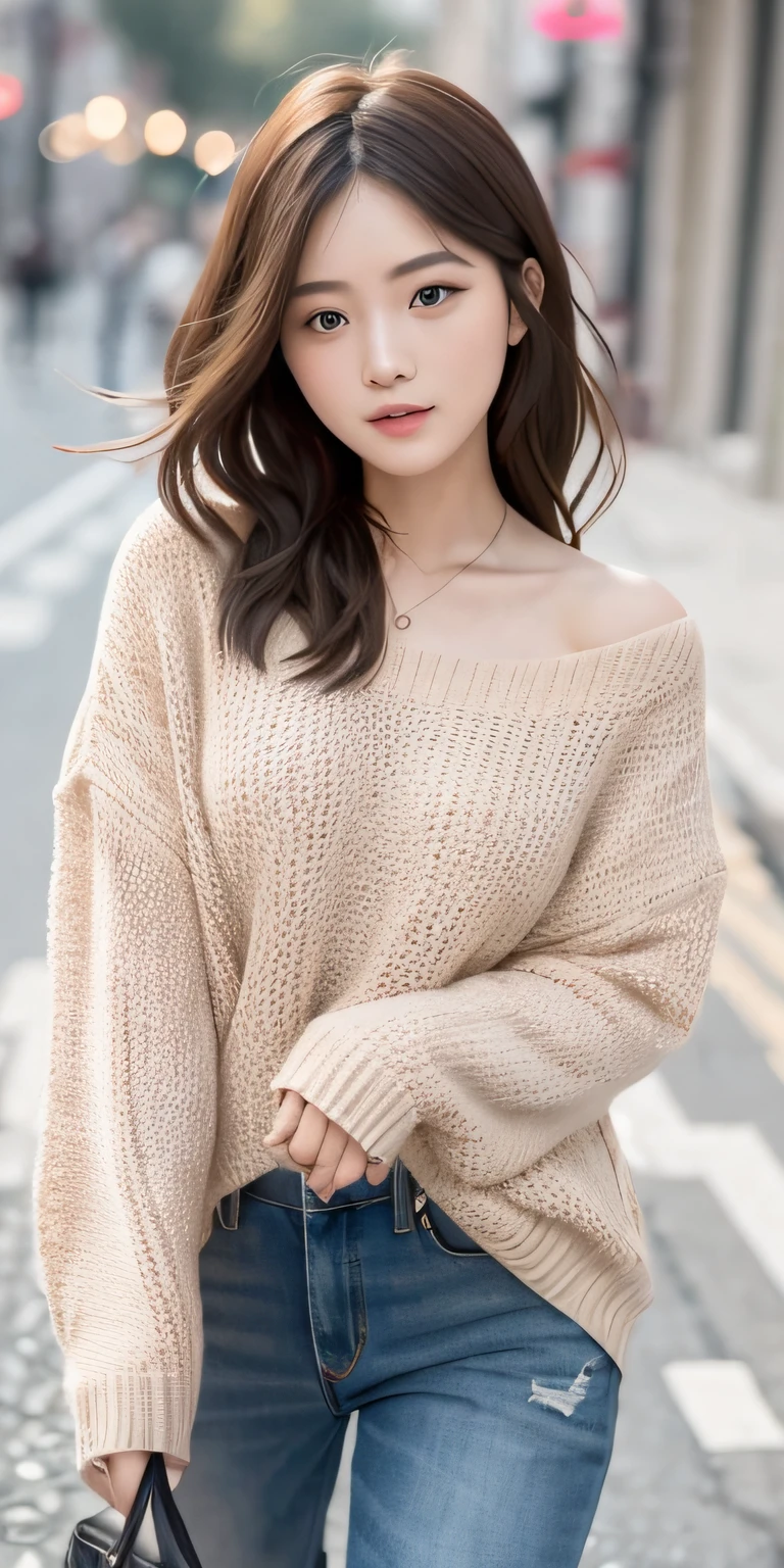One girl walking on the river、Mix 4、pullover、PILLOWS、s lips、Opening Mouth、realisitic、The photograph_\(Curly\)、独奏、(巨作)、(photoreallistic:1.3)、ultra hyper-detailed、(high detailled)The skin:1.2)、(最好质量:1.0)、(ultra-high-resolution:1.0)、(Orchan-6500:0.3)、Wavy detailed hair、length hair、Sunshine、(Beautiful detailed makeup)、(sexual excitement、blush on、Rough breathing:1.0) )、(soft glow bloom:0.5)、In the street、Casual wear