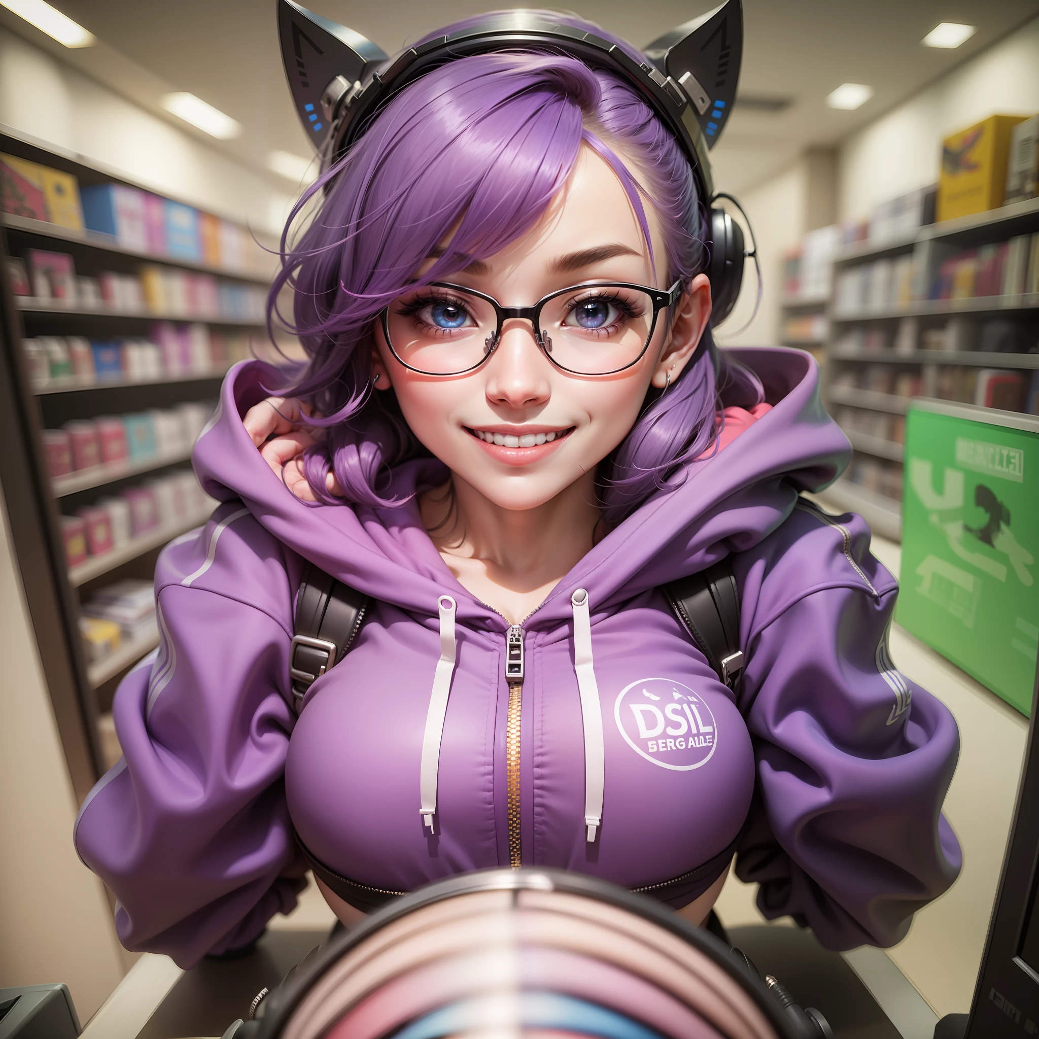 Gamer Girls　babes　eye glasses　Purple hair　Zipper hoodie　a smile　big tit　Twin Te Big　Beautie　最好质量　巨作　ultra-high-resolution
