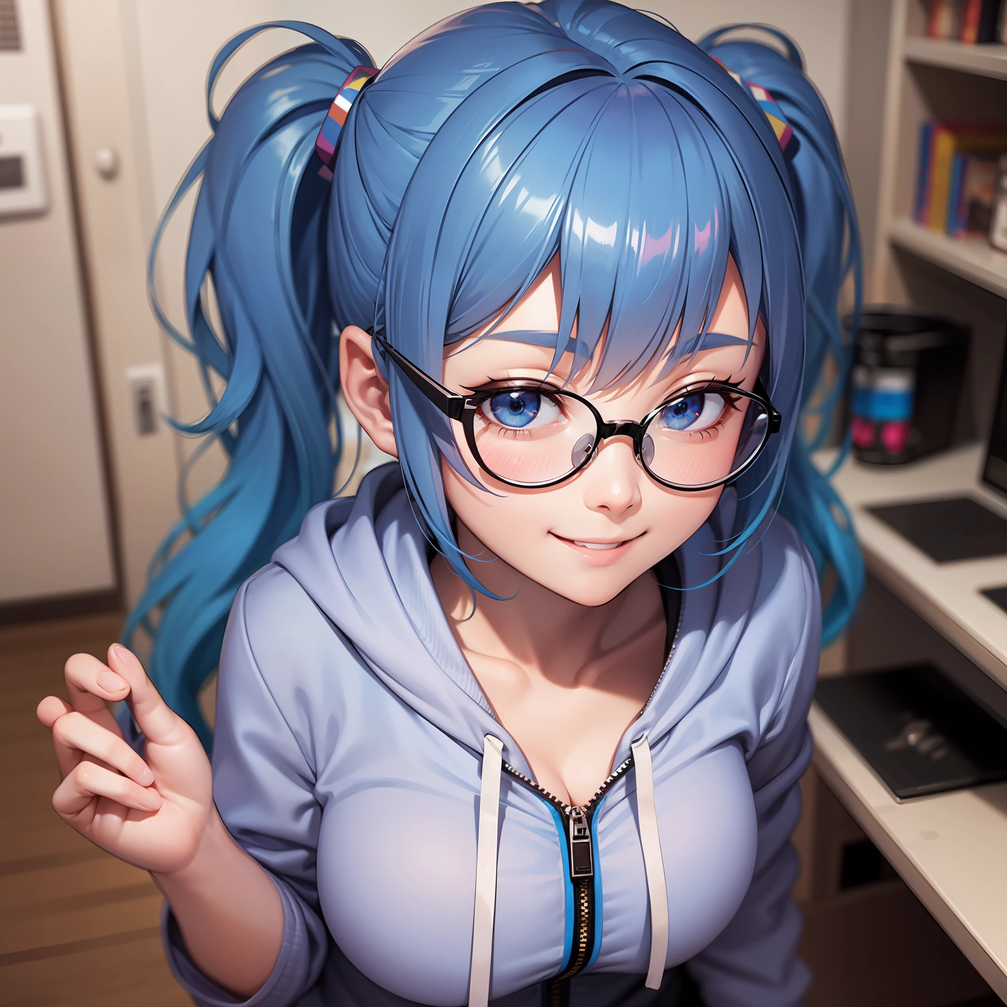 Gamer Girls　babes　eye glasses　Blue-haired zipper hoodie　a smile　big tit　twintails　big tit　Beautie　最好质量　巨作　ultra-high-resolution