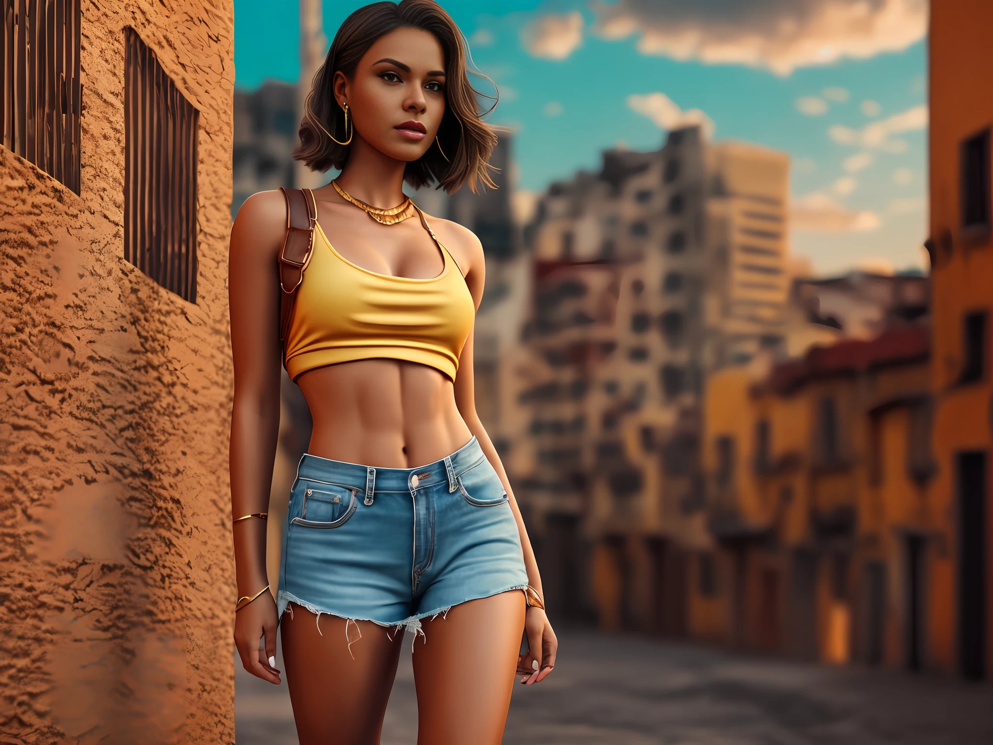 Uma mulher caminhando , full body shot, cgi, dslr, fantastic realism, city background, casual outfit, bronzepunk, black woman, 3d, cinematographic, golden hour, vintage