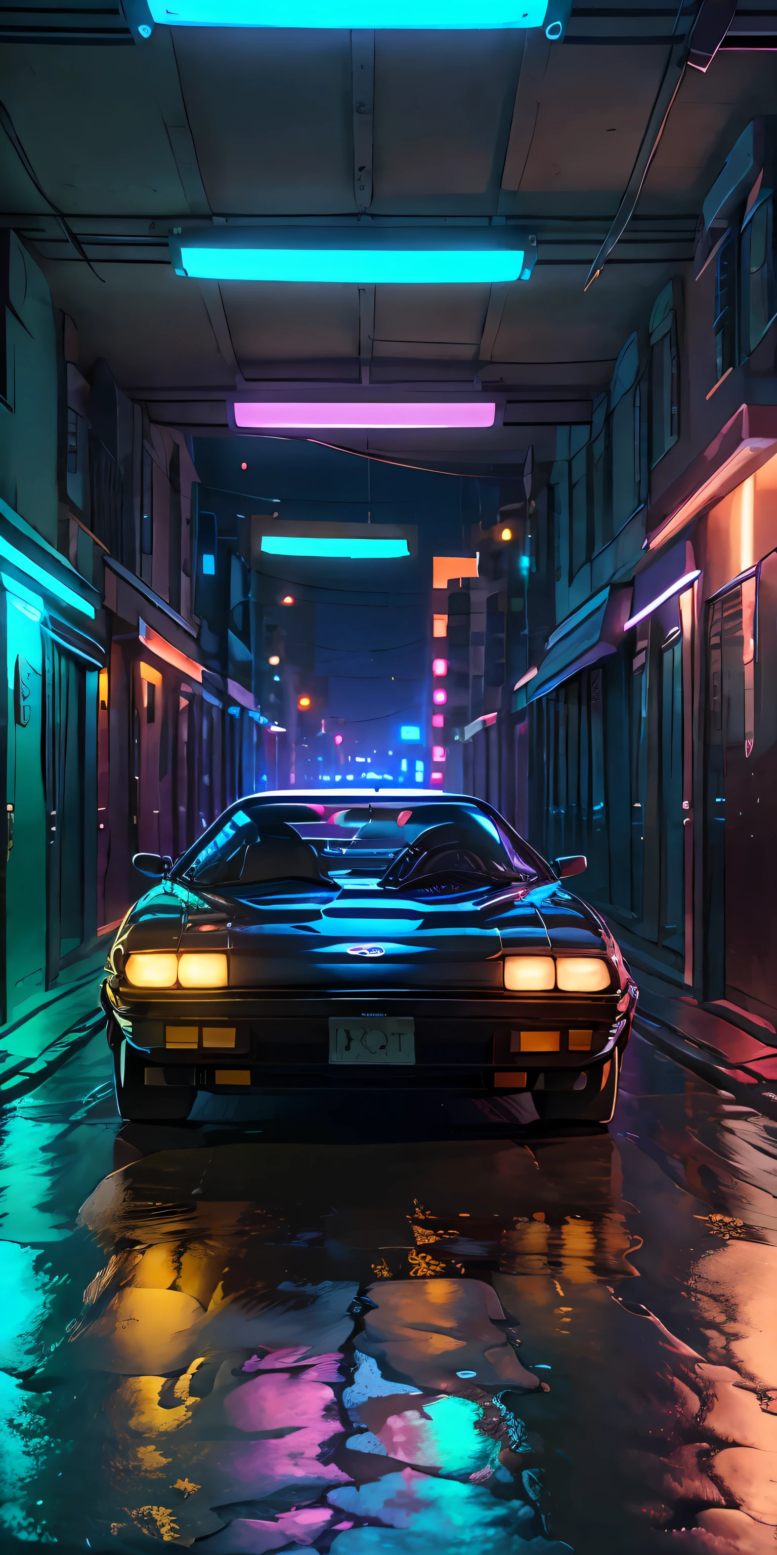 retroonda. cidade, 1985 Nissan S30, kit de corpo largo, estrada, purple neon lights, sol, montanha, 
(obra-prima, detalhada, highres),