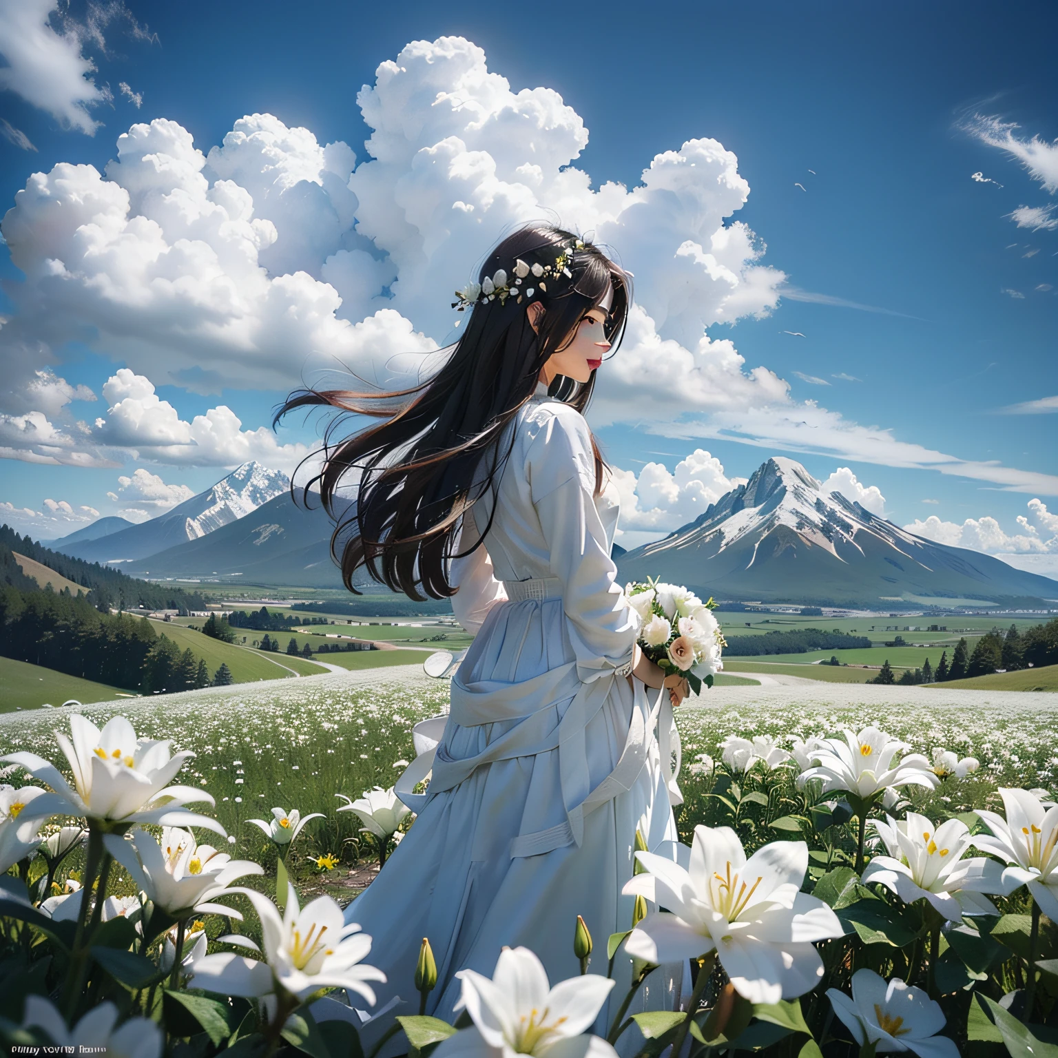 Couple Mountain Top Sunrise Girl holding roses --auto