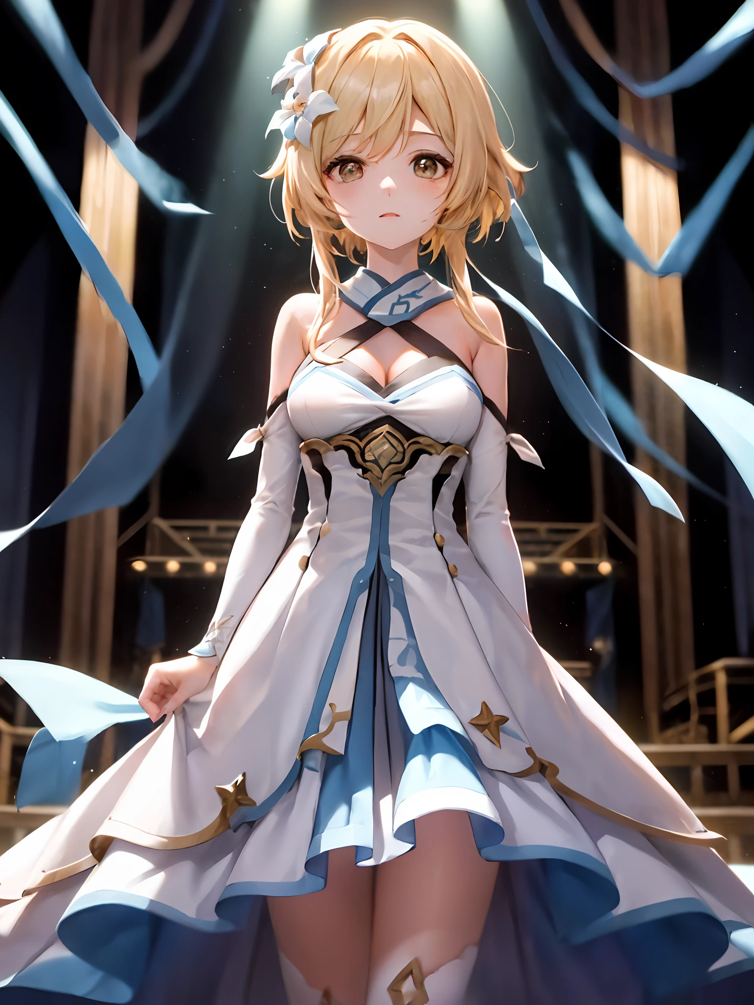 1girl huge large breasts, Single person，Loli， (巨作:1.1), (Best quality:1.1),  break [Blue:peach red:0.5] Theme, Cowboy shot,Cinematic light， (body complet:1.2)，exquisite facial features，perfect hand，(small boobs：1.5)，to stand，Stage background，inside room，