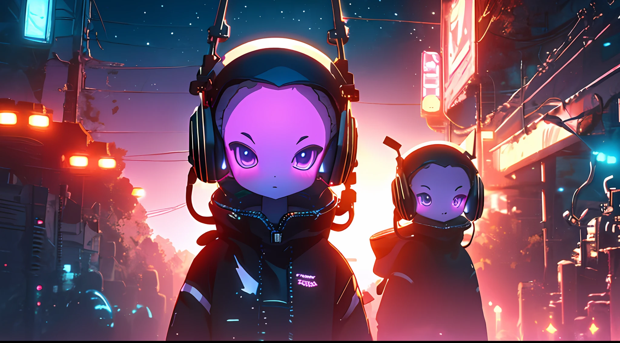a cute little purple alien watching a galaxy at night while listening to lofi music, headphones, anime style, neon details, lofi aesthetic, cinematic lighting, 8k, 3d