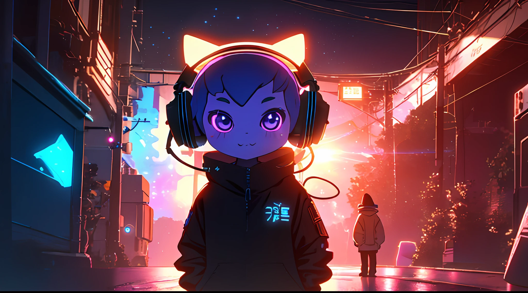 a cute little purple alien watching a galaxy at night while listening to lofi music, headphones, anime style, neon details, lofi aesthetic, cinematic lighting, 8k, 3d