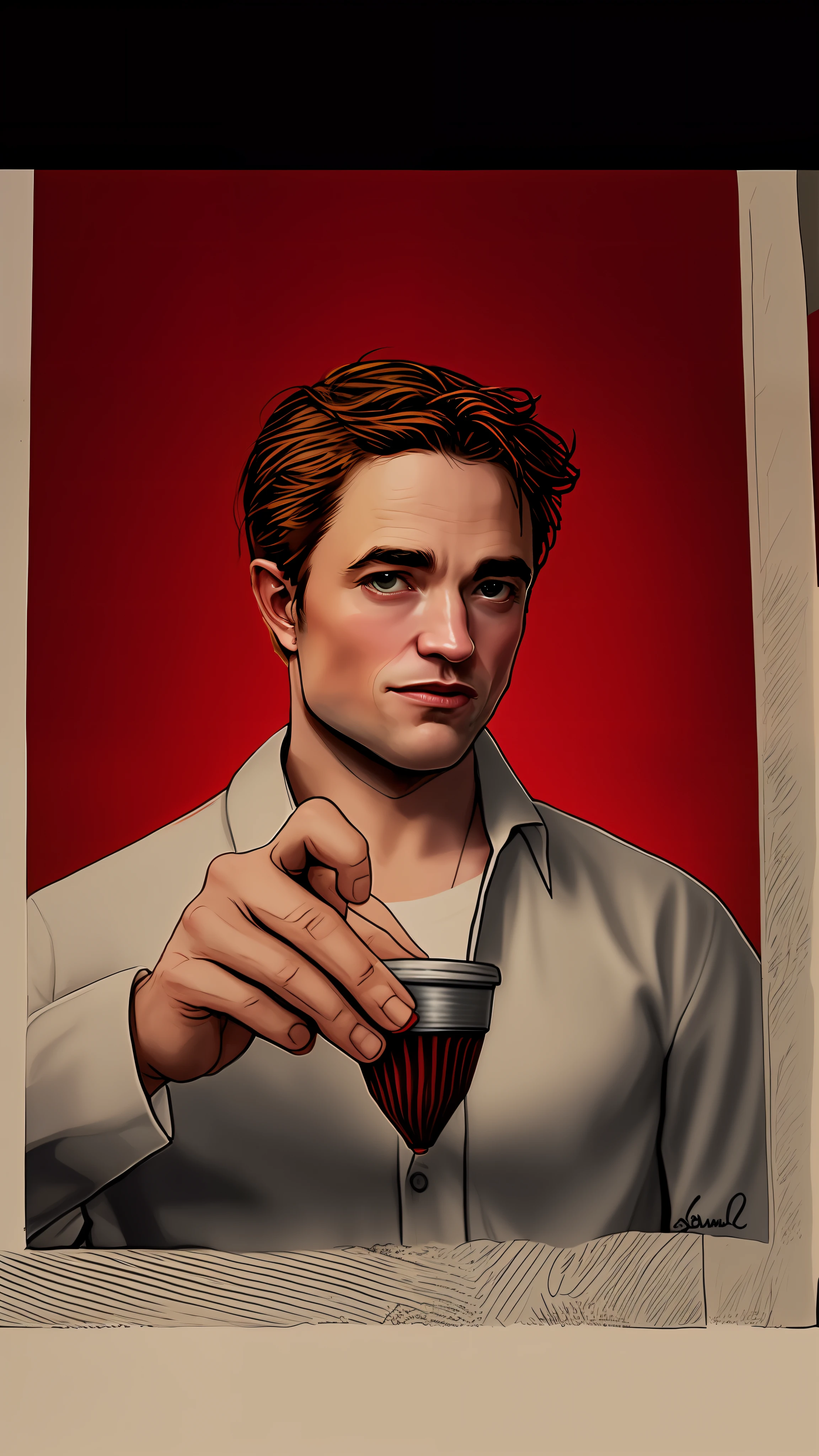 Robert Pattinson holding a blood-filled menstrual cup in his hand, segurando uma bebida, realista, inspirado em Tarantino , , closeup retrato da cena do filme, retrato de alta qualidade, retrato colorido detalhado