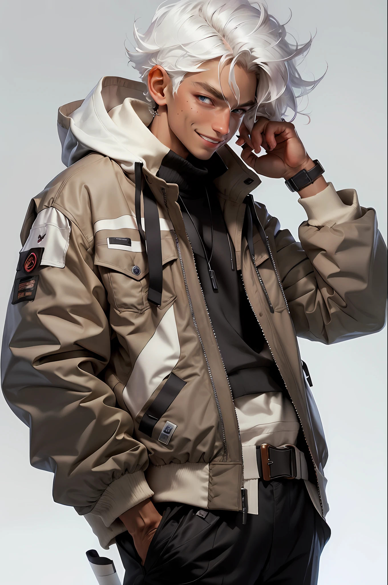 masterpiece, best quality,    1boy, solo, male focus, dark skin, white hair, hand in pocket, smile, dark-skinned male, blue eyes, jacket, white pants, belt, grin, grey background, white jacket, simple background