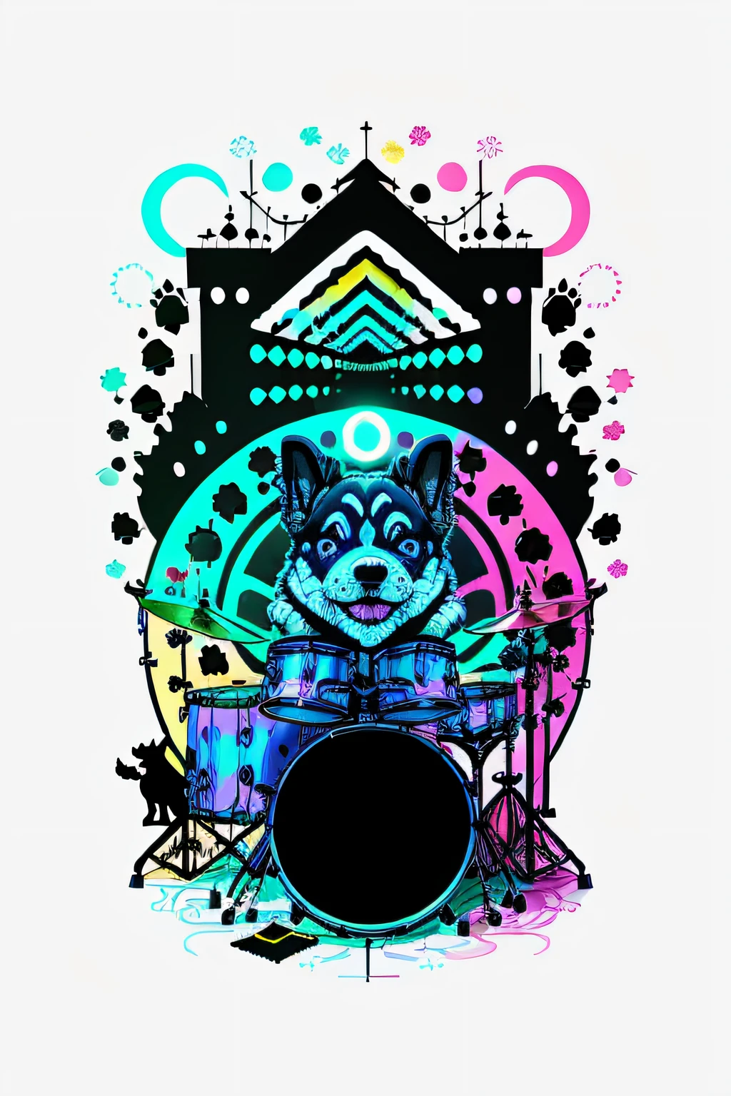 no estilo de 0mib, Adorable dog playing drums, Prismatic fragments, reflecting fractal circles, respingos de tinta, pinceladas derretendo, Particle vortex, lighting dramatic, alta qualidade, majo, obra-prima
