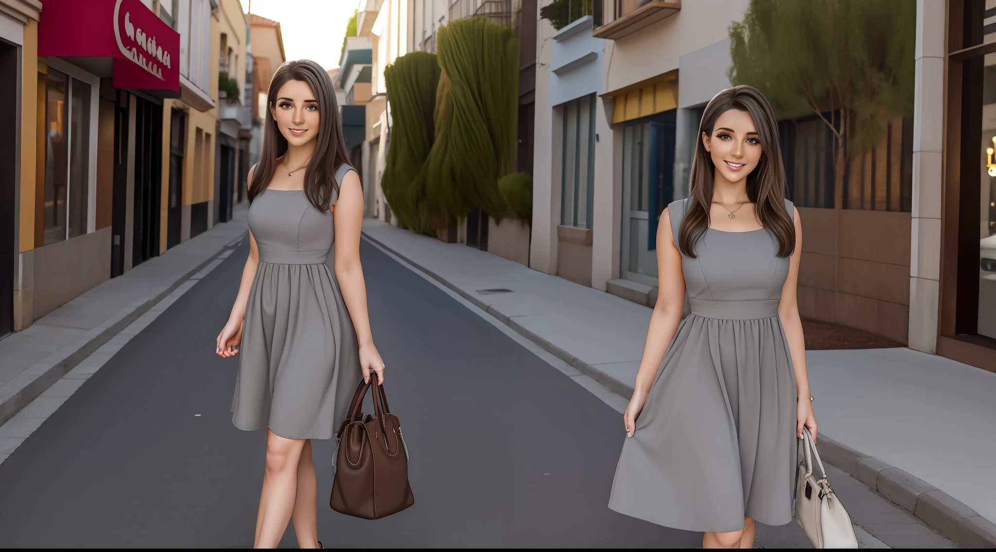 25 year old European woman very pretty perfect eyes long wavy brown hair, small gray dress very tight and short, con escote muy pronunciado, piernas muy bonitas con medias y tacones, caminando por una calle angosta con cafeterias, muy realista, muy detallada con iluminacion de estudio fotografico