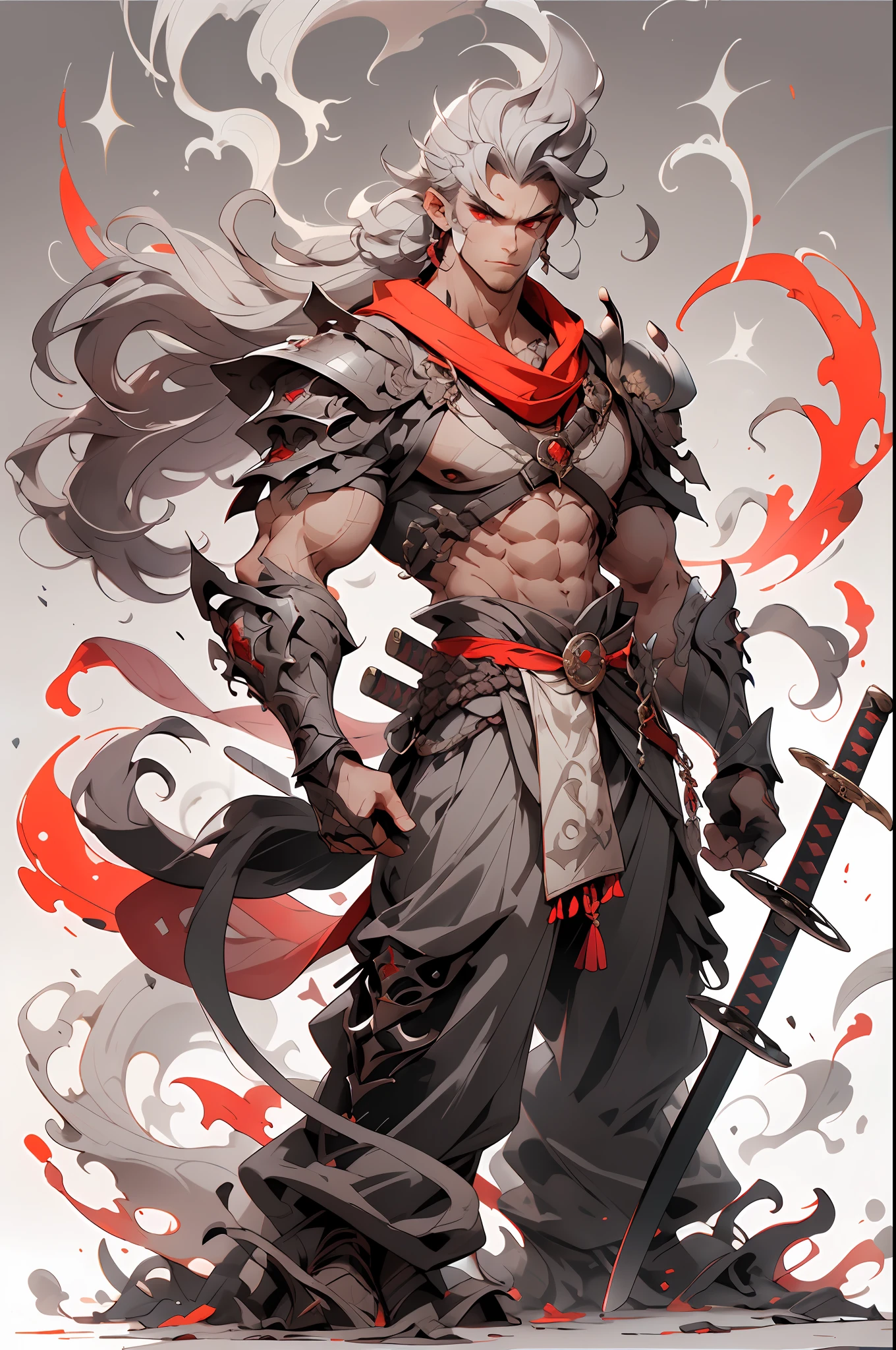1boys， arma， Male focus， ， length hair， ， ， hold Sword， ， ， to stand， armour， grayish hair， scabbard， chest muscle， ， waist belt， scabbard， Shoulder blades， body complet， fumo， whiskers， jewelries， trouser， red eyes， ， musculature，
,,Defeat