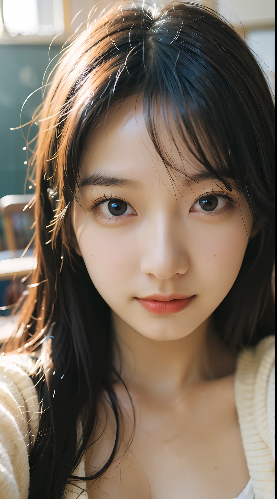 Best Quality, Masterpiece, Ultra High Resolution, (Realistic: 1.4), Original Photo, Wallpaper, Head Photo, Skin, Simple Background, Black Eyes, Detail, Selfie, 1 Girl, 18 Years Old, Breeze, Sunshine, Classroom, Question,