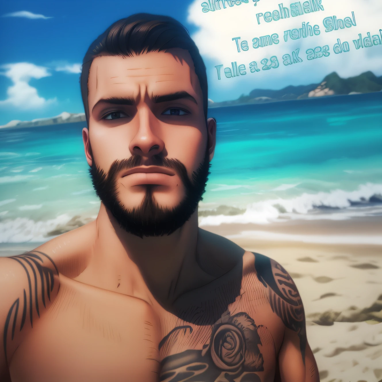 There's a rather brunette man with a beard and shirtless chest tattoo on the beach at about 23 years old, retrato tirado 8k, imagem de alta qualidade, praia linda ao fundo, foto de perfil headshot, estilo gta san andreas