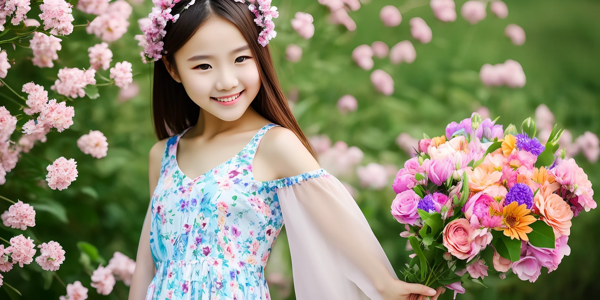 photo of a summer flower and a girl，The background is a perfect summer landscape，flowers blooming，and the sun is shining，A gentle breeze。The girl is dressed in a light summer dress，Holding a beautiful bouquet of flowers，Smiling and turning to look into the camera。The photo uses a specific shooting mode、Color and lens skills，To show the beauty of summer flowers and girls。 —c 10 —ar 2:3   @pingpang (0%) (Edited) --auto --s2