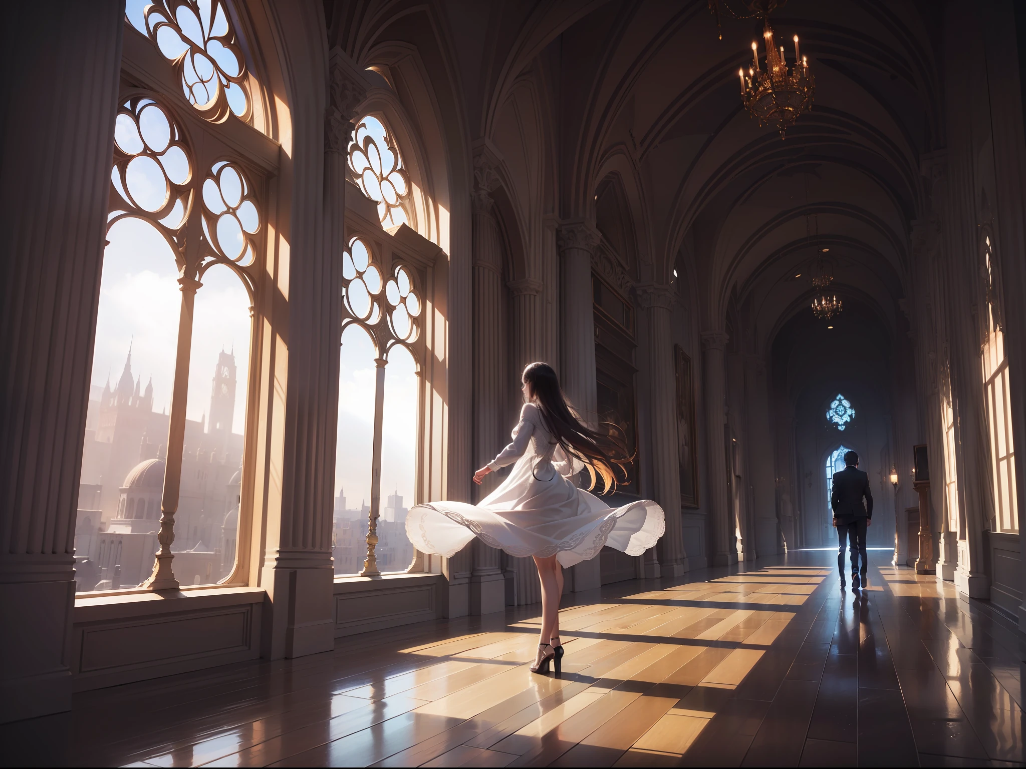 (Extreme Detail CG Unity 8K Wallpapers，masterpaintings，Highest image quality)，(Delicate light and shadow，The picture is highly dramatic)， A teenager，White Very Long Hair，Handsome face，Blue eyes，White dress，Stand on the edge of a cliff(Exceptional detail，The lighting effect is outstanding，Vista wide angle)，crepuscular(Excellent rendering，Enough to stand out from the crowd)，raytrace，hdr， Ridiculous resolution， absurd res， filmgrain， lightand shade contrast， atmosphric perspective， lightand shade contrast， cinematlic lighting， The light from the back window is backlighted， Film grain wide angle， Grandiose scene