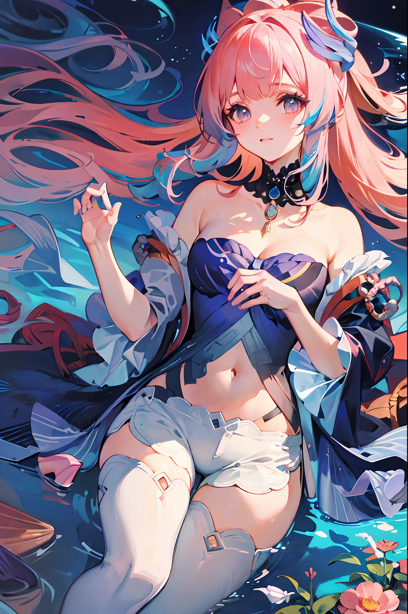8k, ((masterpiece, best quality)), ray tracing, depth of field, sangonomiya kokomi, seashell, lying, pink hair, pond,