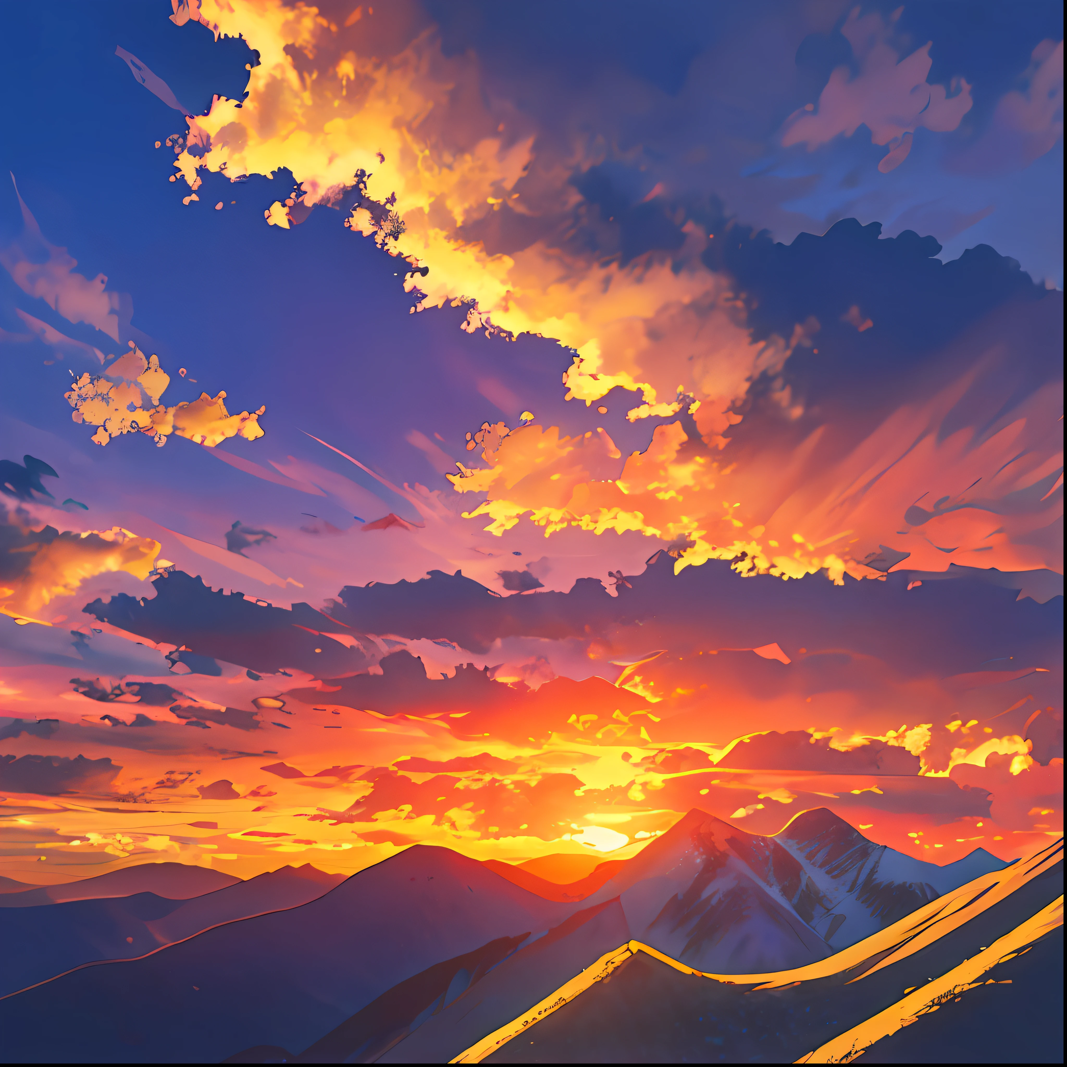 Sunset, clouds, mountains