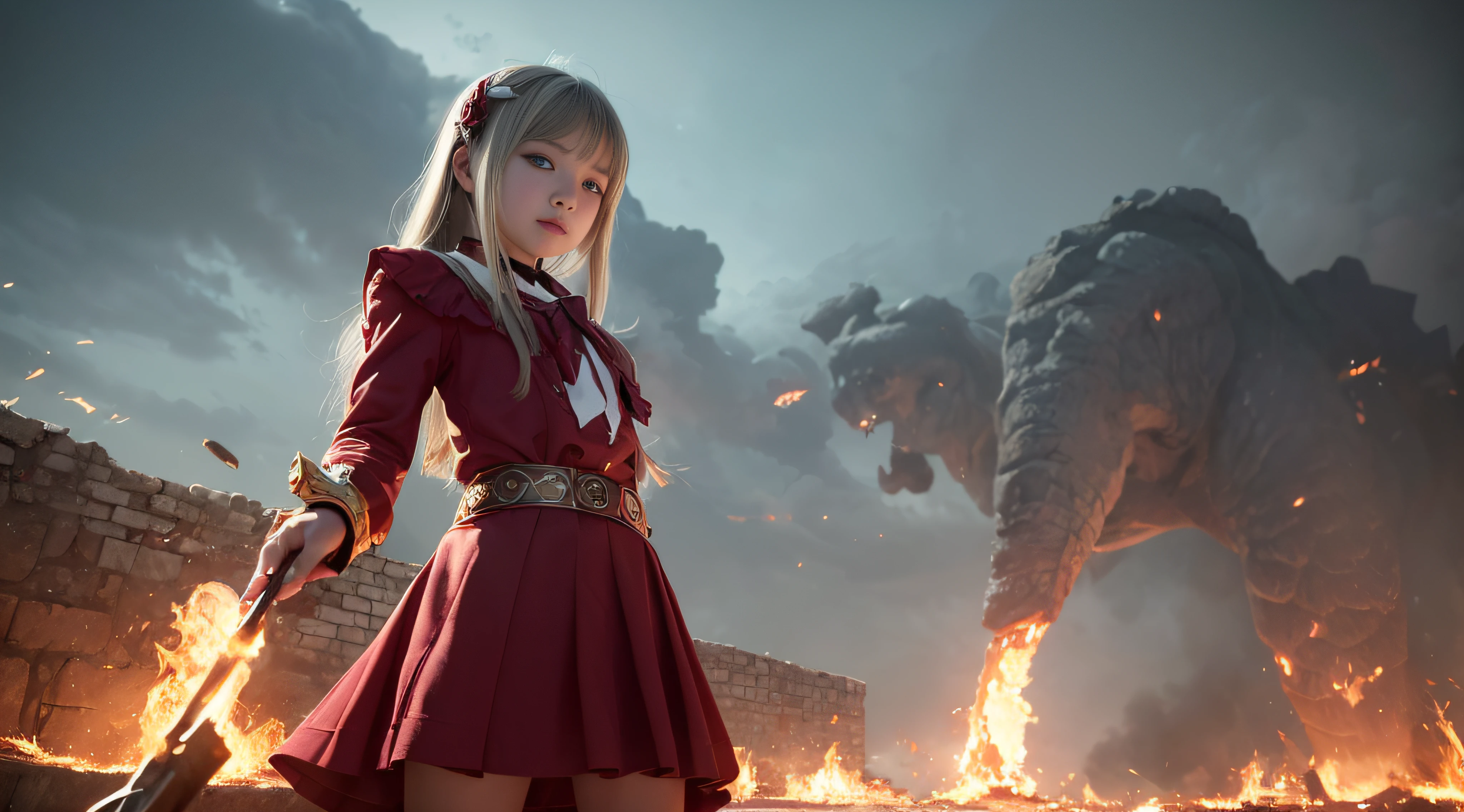 Top quality, masterpiece, illustration, very delicate and beautiful, highly detailed CG, unity, 8k wallpaper, amazing, fine detail, masterpiece, highest quality, official art, highly detailed CG Unity 8k wallpaper, super detailed, high resolution, very detailed, beautiful detailed girl, (loli:2), wizard fights demon lord and creates images of adorable 12 year old girls. She is a breathtaking beauty that attracts everyone's attention. She has long white hair that touches the ground and eyes that give off a very striking ruby-like red glow. (Red eye: 3.1) (Gray hair: 2.1) Long white hair fluttering in the wind. It creates an enchanting atmosphere worthy of a wizard. Laughing face like a little devil, chest bulges small, like a teenager's low, legs are not thick. She wears a red expensive and noble dress with jewelry everywhere that complements her appearance. Her skirt is so short that the viewer is thrilled. In his hand is an ancient wand imbued with magical powers. Blake, draw her in a pose that represents her magical powers. Fighting the Demon Lord, she is about to activate the strongest and most devastating final magic. In the background, a burning city, people fleeing, thunder, a stormy sky like a typhoon. Let it overrun everything, burn it all down, destroy everything. Gothic lolita. She is engulfed in flames. From the side. As a wizard, she fights fiercely against dragons and beasts. She is also attacked and damaged. A powerful magic is emitted from her raised wand. (She is looking up at the camera)) is looking at the enemy