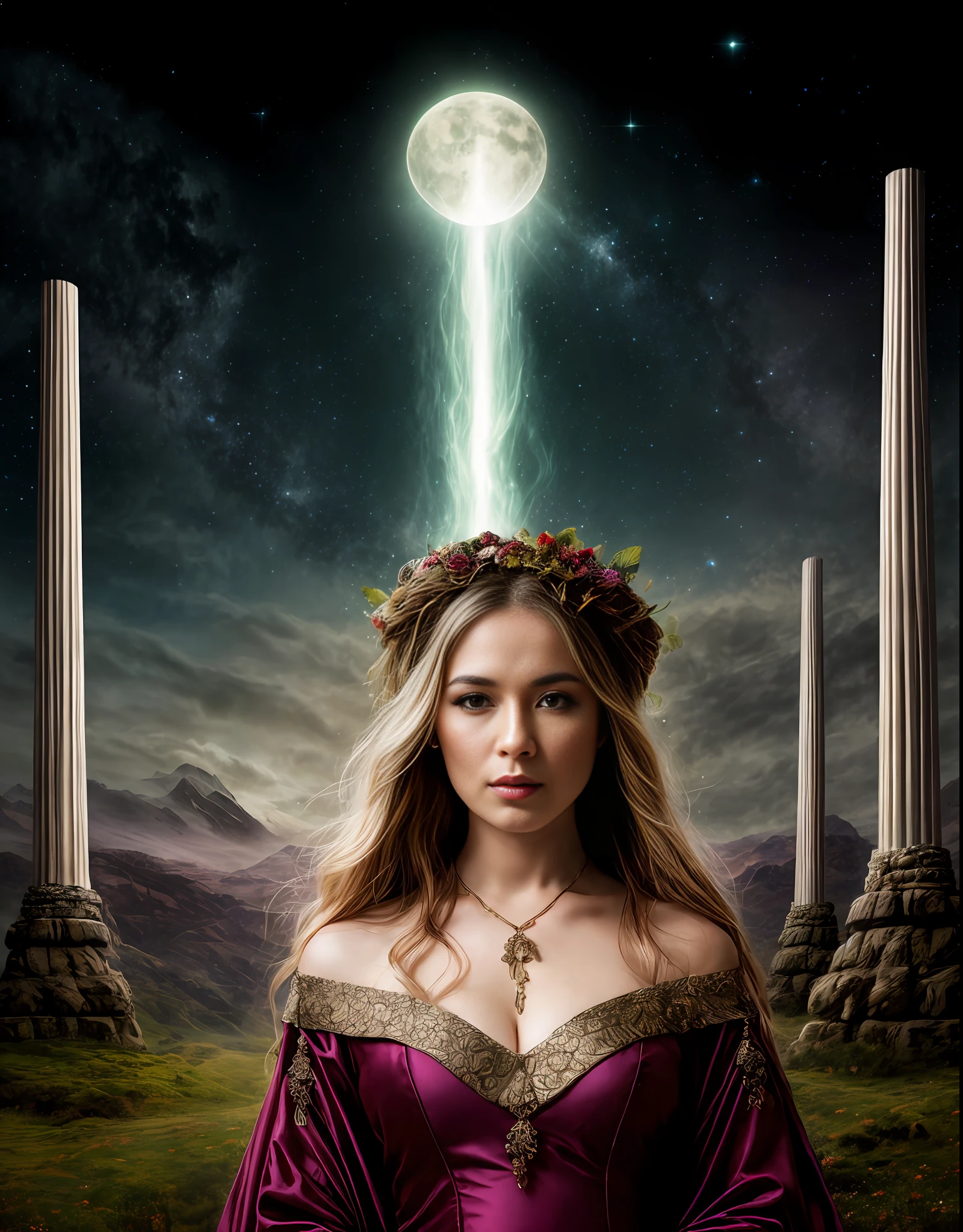 **portrait + landscape, Highly detailed fantasy landscapes, cosmic symbolism, steve sack, noah bradley, columns and totems, cosmic landscape, cosmic art, depicting a dark night's journey, in the style of Tolkien’s Journey, visionary art, mystical landscapes, fantasy composition mastery, alien worlds, the stars art group (xing xing), columns and totems, arcadian landscapes, a set of tall windows with many pictures in the sky, in the style of fantastical otherworldly visions, mystical composition mastery, mushroomcore, enchanting realms, intuitive gestures, furaffinity, elongated forms plus Immerse yourself in the colourful world of an Elven women, closeup, in Elven traditional clothes she poses in the style of mythic storytelling, yigal ozeri, frederick mccubbin, dark green and magenta, karen wallis, kushan empire, craftcore Photographed by David bailey using Hasselblad’s flagship mirrorless medium format camera X2D 100C. 1000mps ,bold vibrant colours