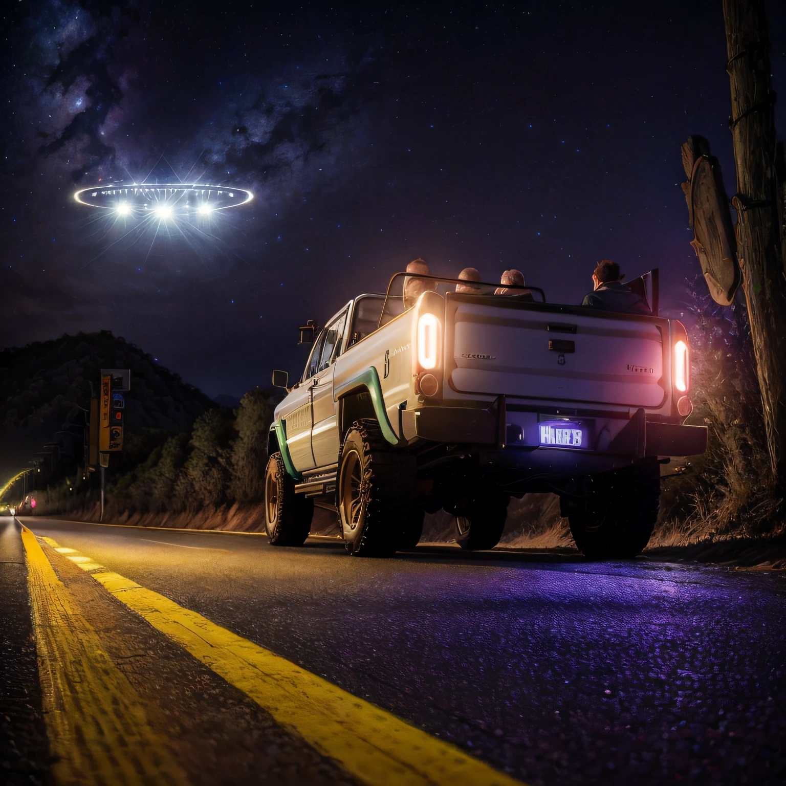 picape parada em uma estrada a noite, observando um disco voador que se aproxima, 8k, cinematic picture