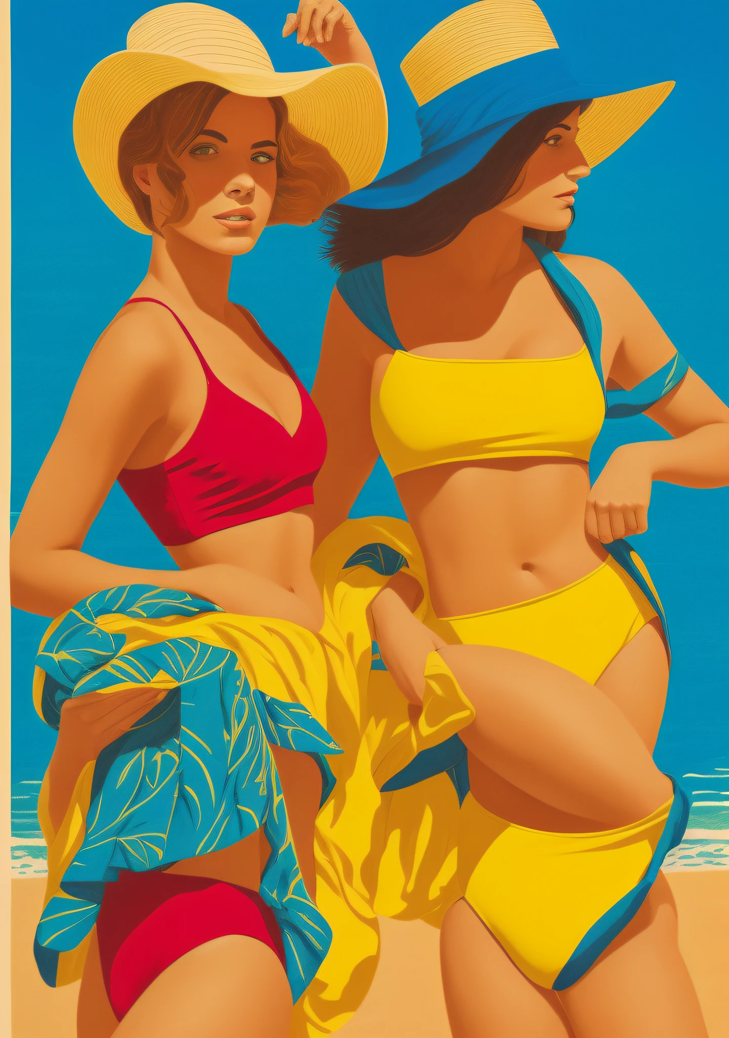 arafed poster of a woman in a yellow bathing suit and a man in a hat, Copacabana, Brazil, Azul forte, cores vibrantes, vermelho, Arte Malika Favre