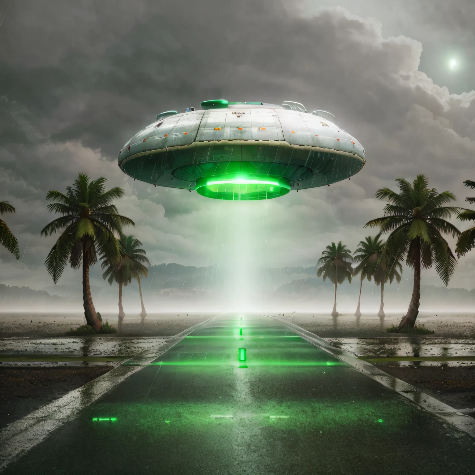 UFO with green light on rainy night, 8k