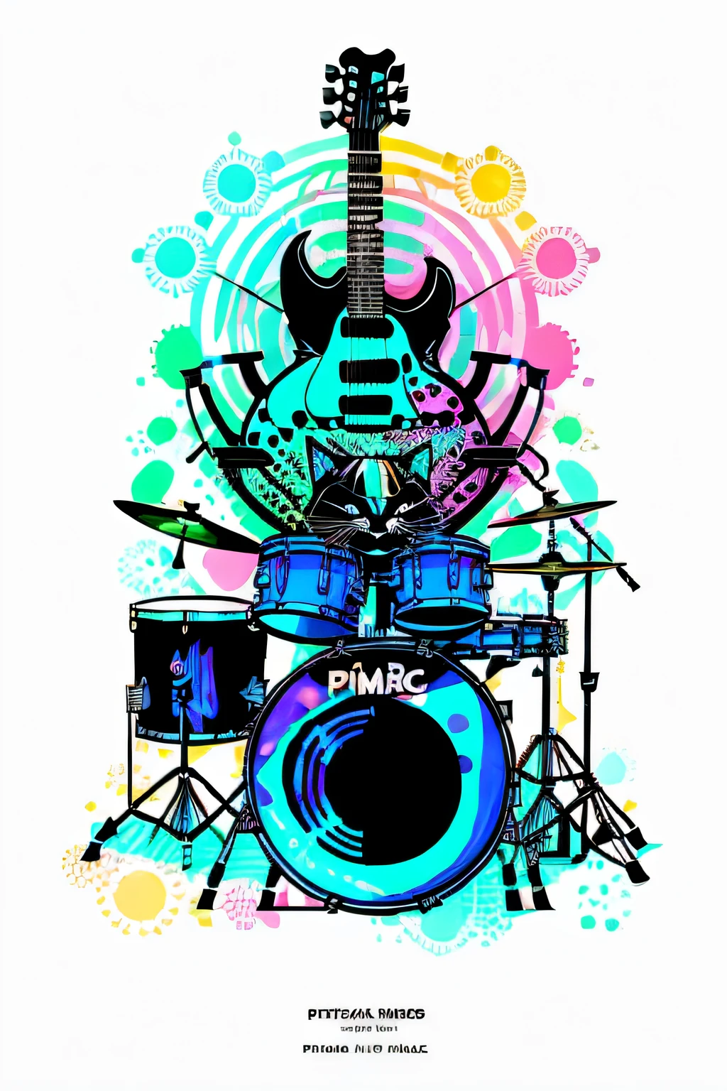 no estilo de 0mib, Adorable cat playing drums, Prismatic fragments, reflecting fractal circles, respingos de tinta, pinceladas derretendo, Particle vortex, lighting dramatic, alta qualidade, majo, obra-prima