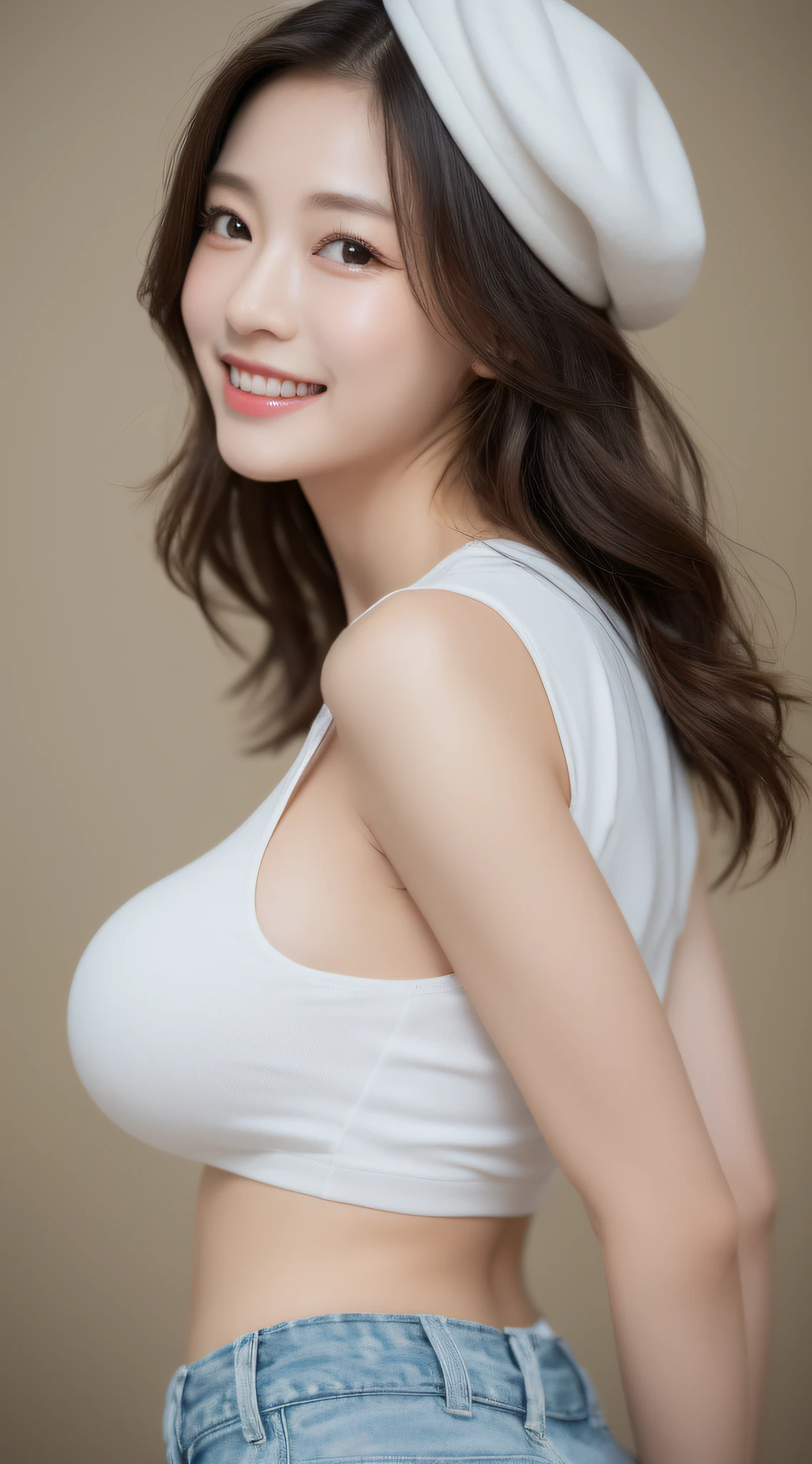 最好质量。８K-Picture。sharp foc。Close-up alone。Young girl looking good in a white beret, Long wavy hair。Young girl looking good in jeans shorts in white shirt and rough outfit。HugeBoobs。Slender and slender waist。Very delicately drawn face and skin、Breast texture。Detailed eye construction。Double eyelids。the detail、and delicately depicted body balance。Boyish but busty。Smile slightly。Pure face like a baby。
