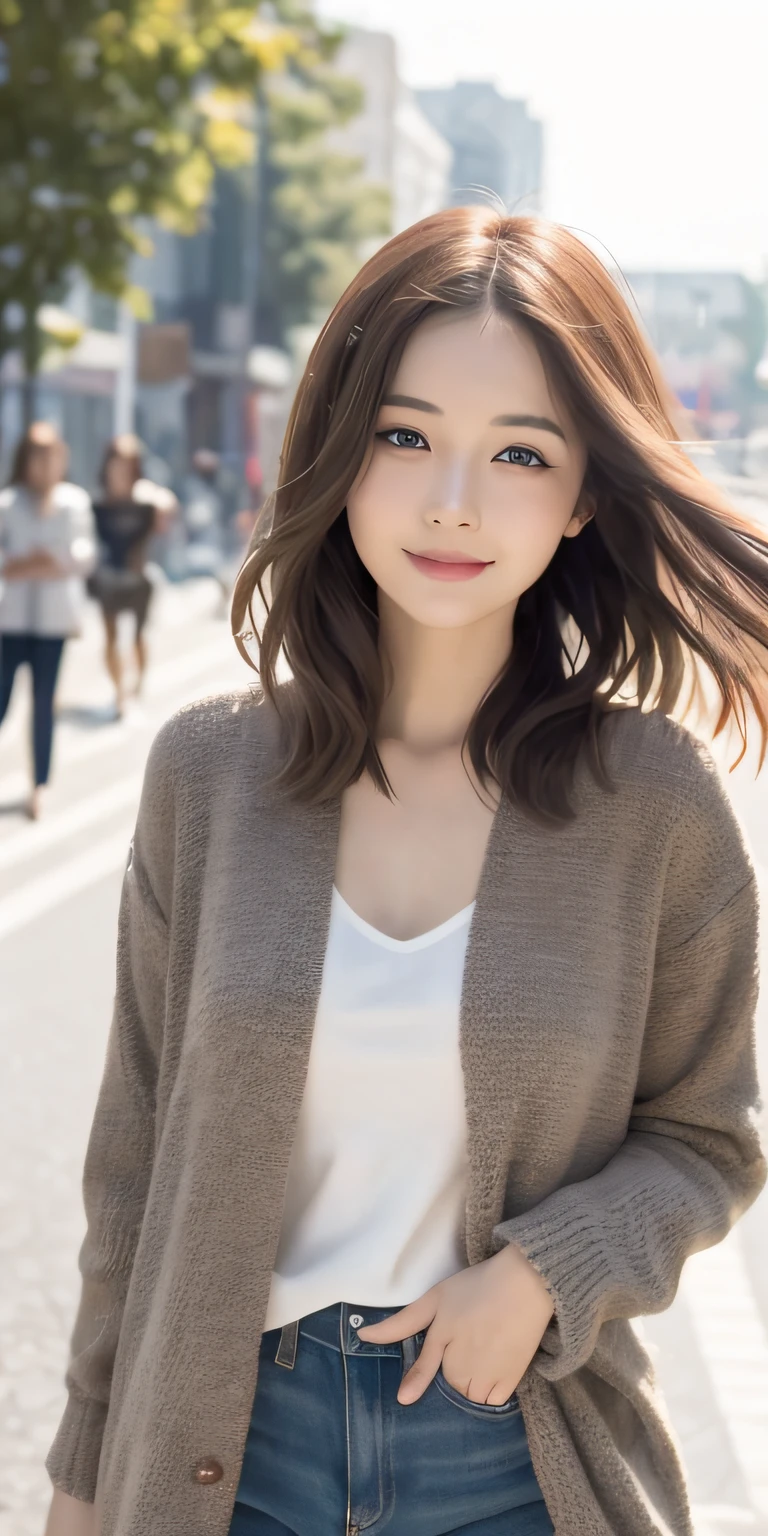 One girl walking on the river、Mix 4、PILLOWS、s lips、Opening Mouth、realisitic、The photograph_\(Curly\)、独奏、(巨作)、(photoreallistic:1.3)、ultra hyper-detailed、(high detailled)The skin:1.2)、(最好质量:1.0)、(ultra-high-resolution:1.0)、(Orchan-6500:0.3)、length hair、Sunshine、(Beautiful detailed makeup)、(sexual excitement、blush on、Rough breathing:1.0) )、(soft glow bloom:0.5)、In the street、Casual wear、a smile