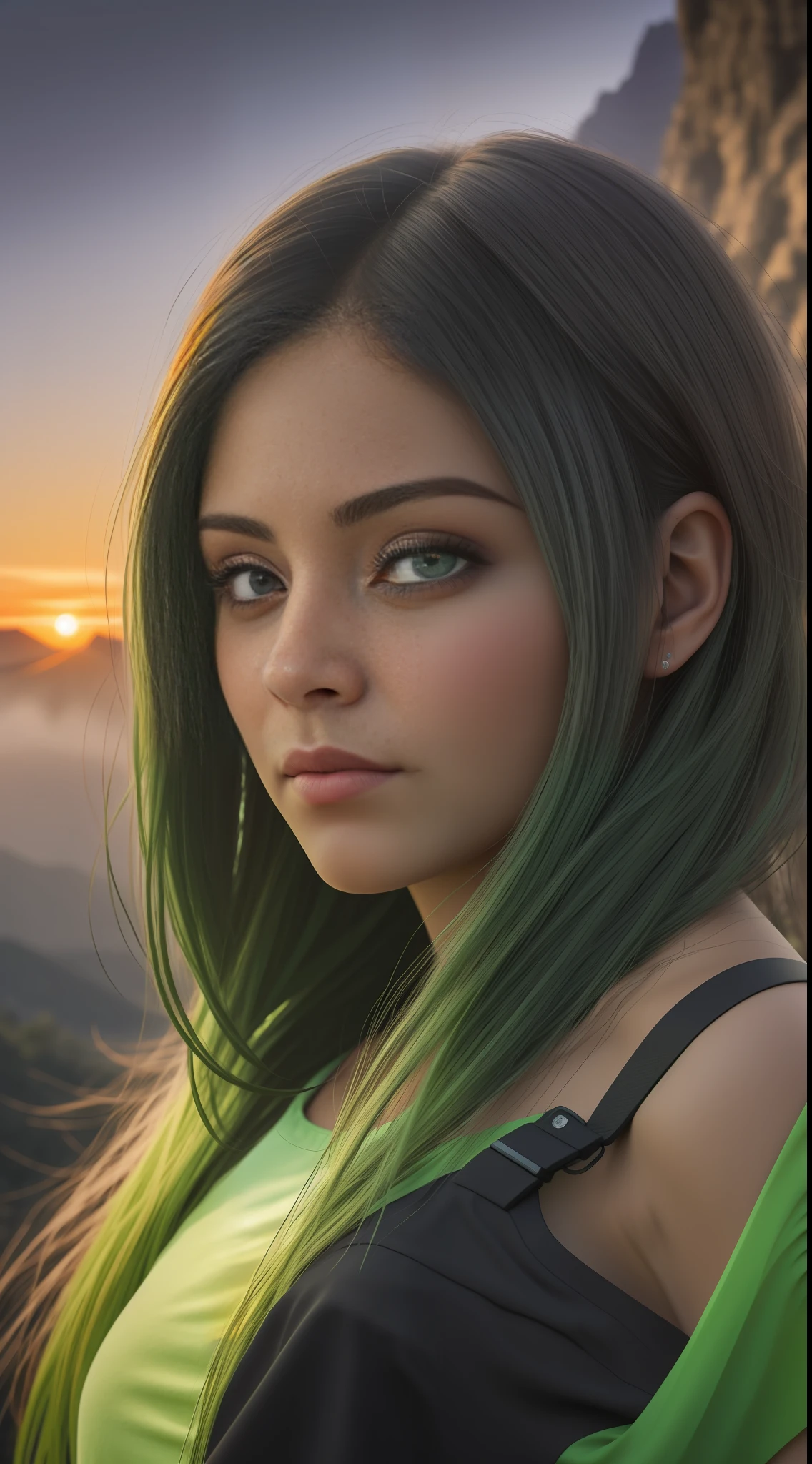 (8K raw ,HDR)Rosto de Menina morena cabelo curto PRETO e cacheado , rosto com sardas e manchas (olhos verdes ), background with mountains and sunset, double exposure merged,Realistic fog,