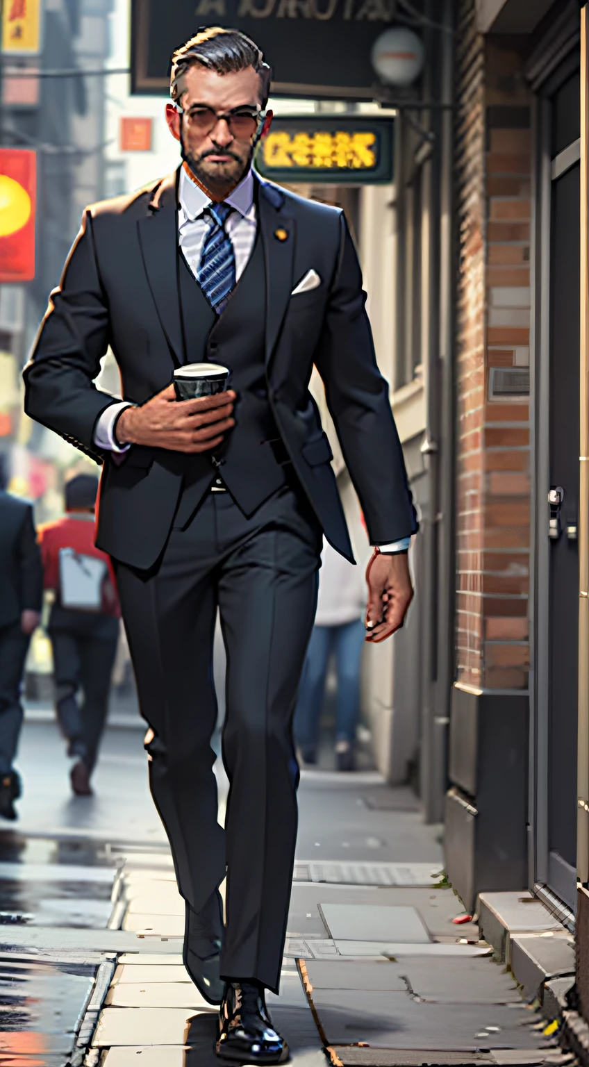 Realistic, (Best Quality, Maste Piece: 1.3), Men, (in suit) (walking down the street)