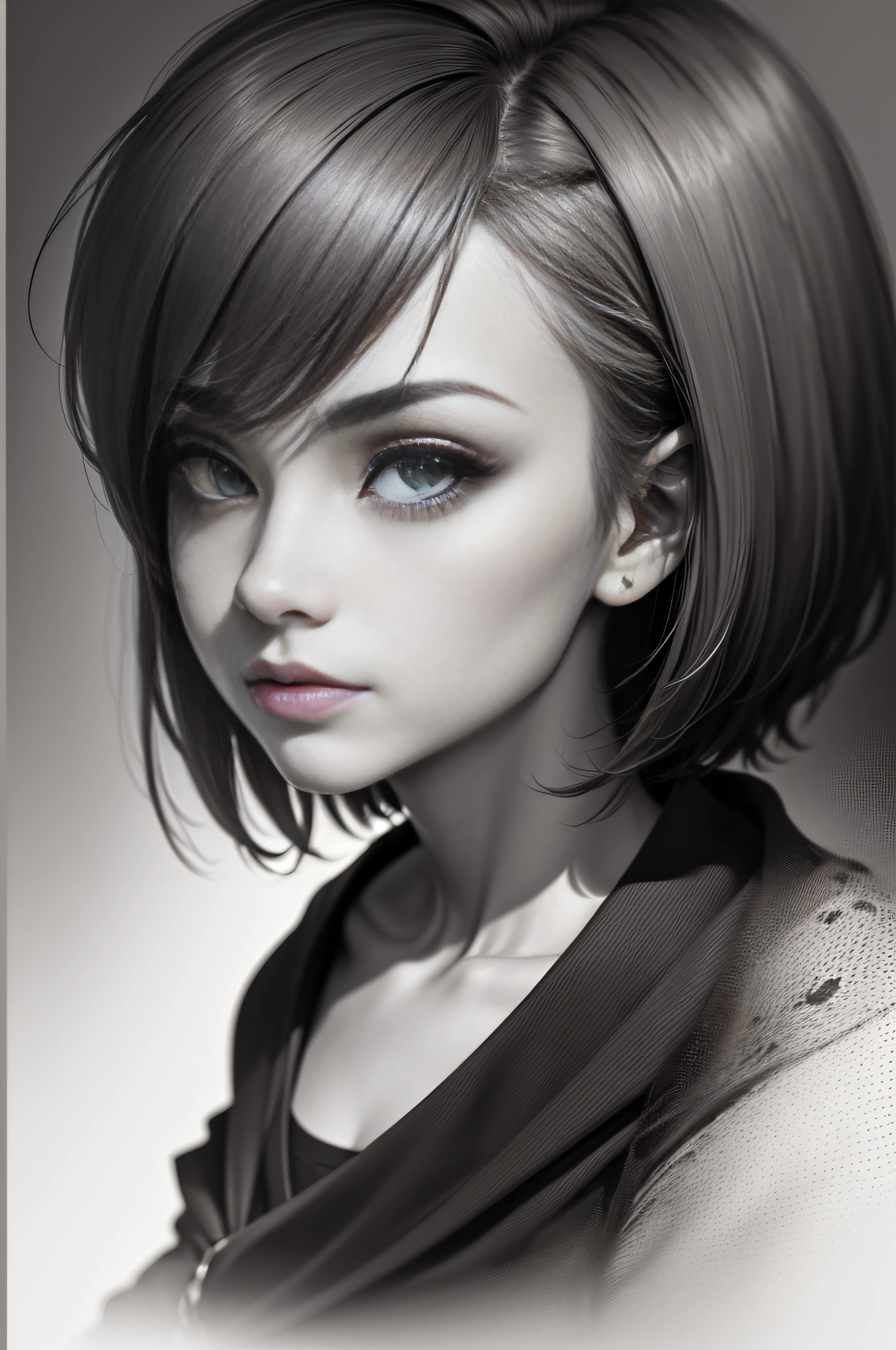 (plano de fundo da cidade, original,(illustration:1.2 preto e branco),(melhor qualidade), (obra-prima:1.2), (unidade de papel de parede 8k extremamente detalhado, imagem em preto e branco, made in graphite pencils HB, (panorama shot:1.4) , (respingos),((GRAFITE)), sharp foc, 1 standing girl with short hair, parte superior do corpo, de coturno militar, cena de medo, interior de uma sala de aula --auto