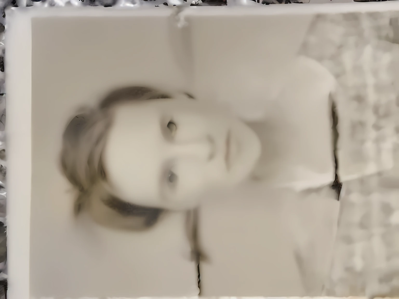 there is a picture of a woman's face in a picture, face in focus 1 8 9 0's liminal, heavy jpeg artifact blurry, grainy damaged photo, blurred face, blurry face, unsettling photo, damaged photo, low quality photograph, unsettling image, very grainy image, her face is coated in a whitish, face showing