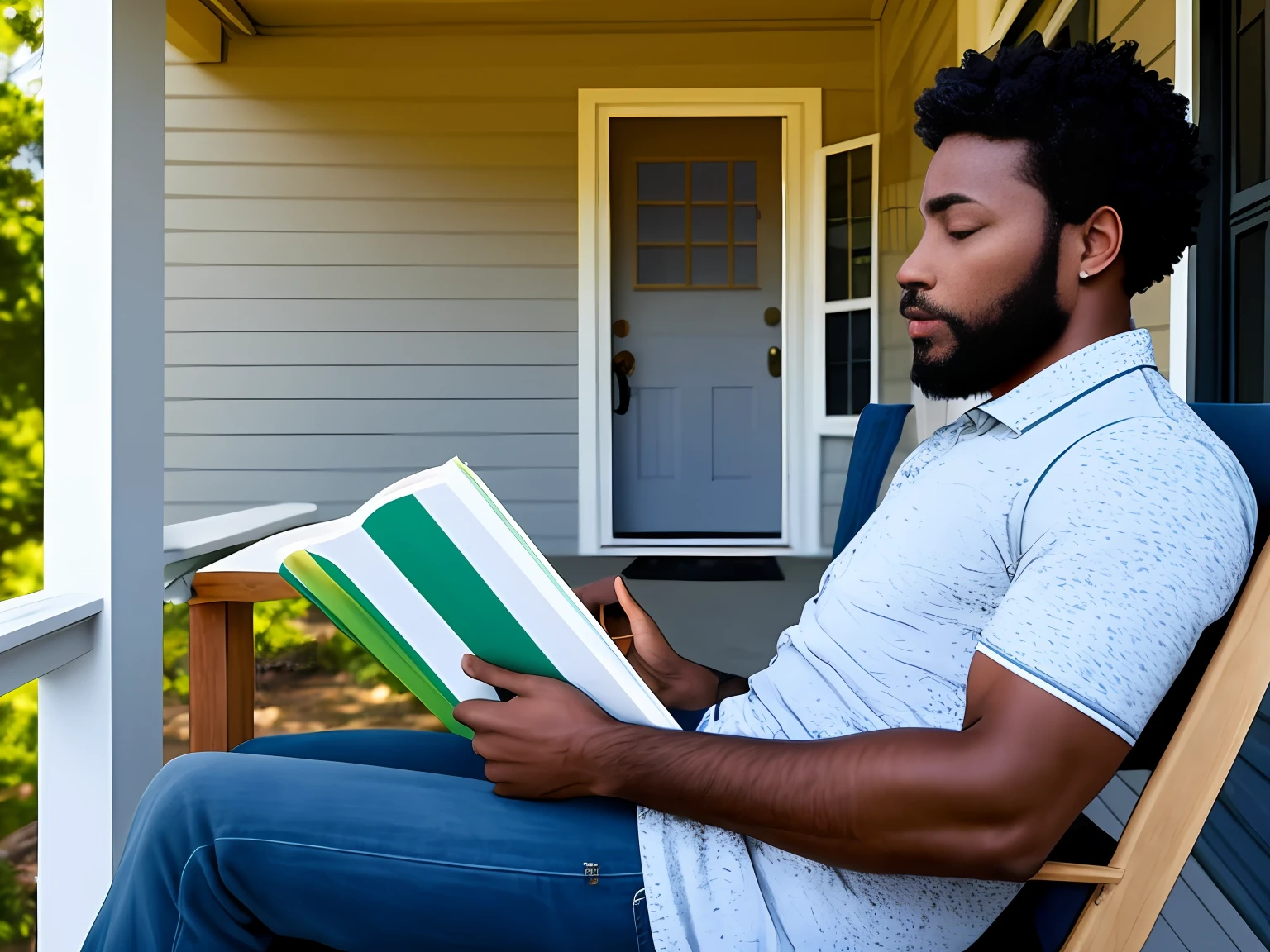A black man sitting in a rocking chair on his porch, Reading the Bible, com um gato deitado do seu lado.